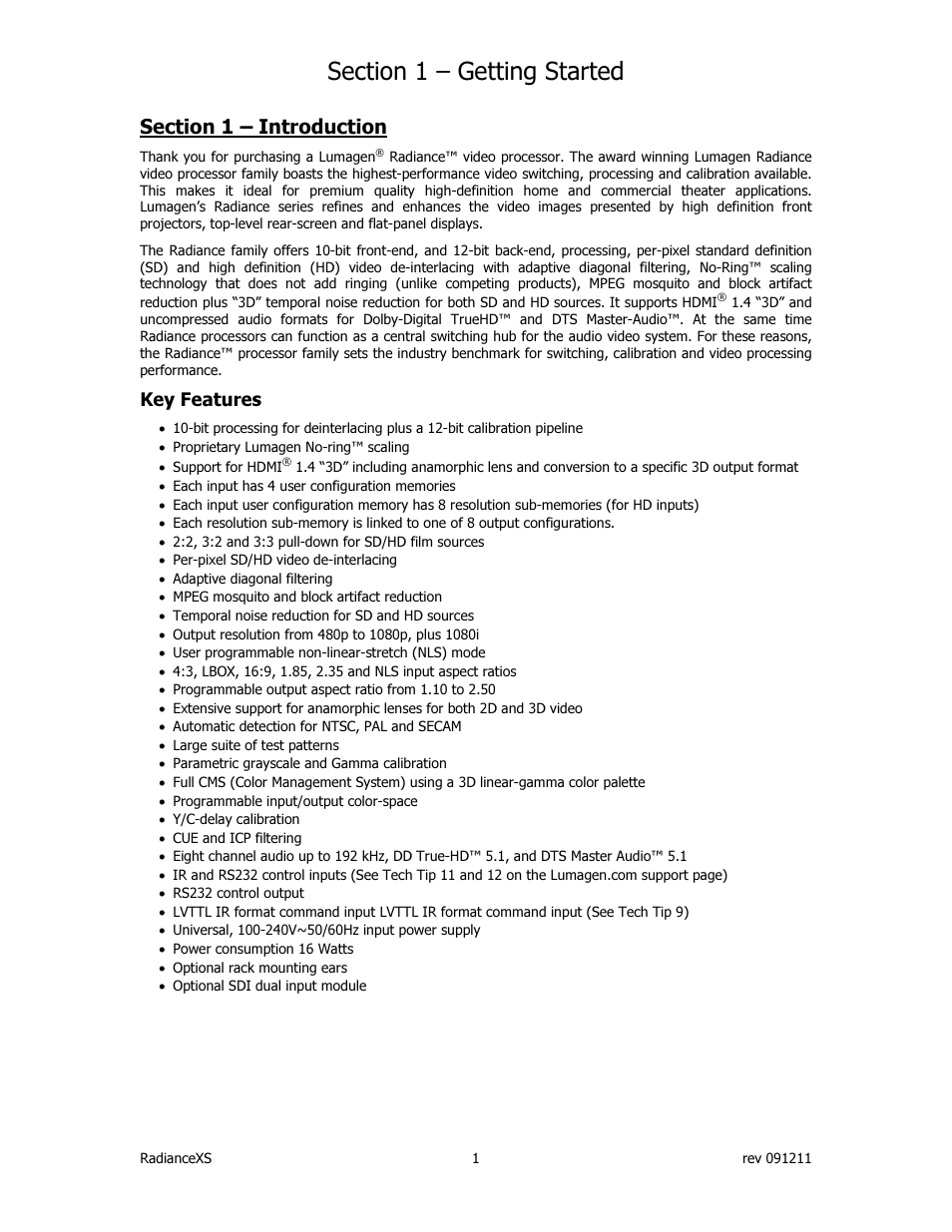 Key features | Lumagen Radiance XS-3D User Manual | Page 9 / 48