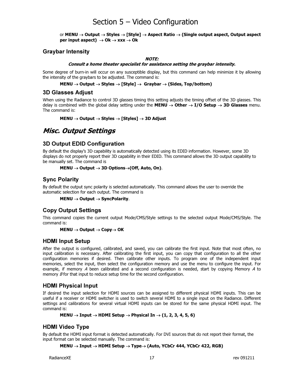 Misc. output settings | Lumagen Radiance XE-3D User Manual | Page 23 / 48