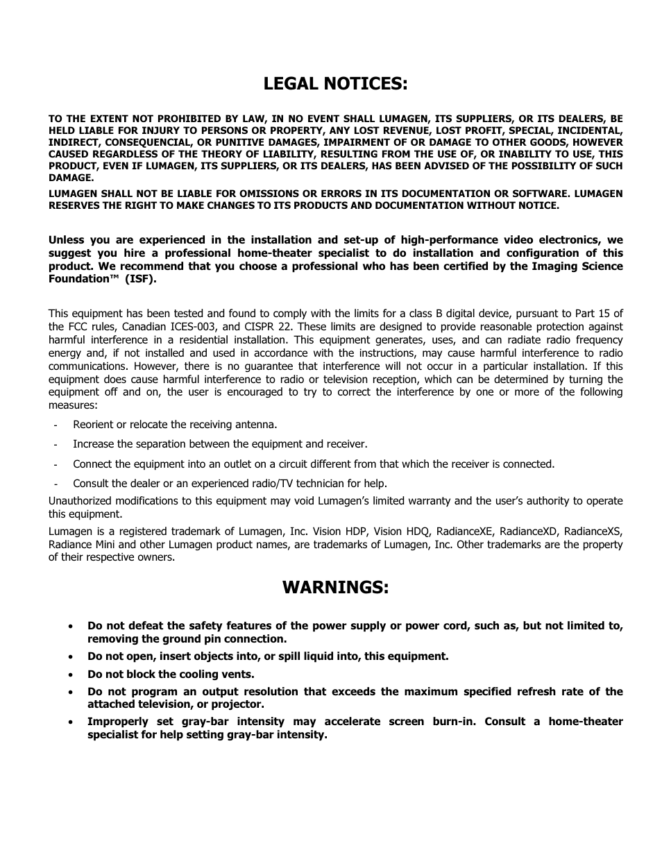 Legal notices, Warnings | Lumagen Radiance XE-3D User Manual | Page 3 / 48