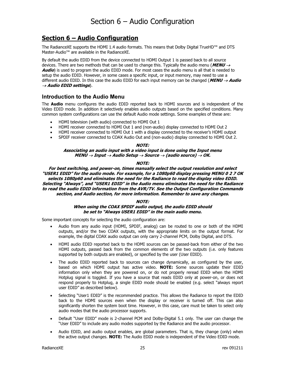 Introduction to the audio menu | Lumagen Radiance XE-3D User Manual | Page 31 / 48