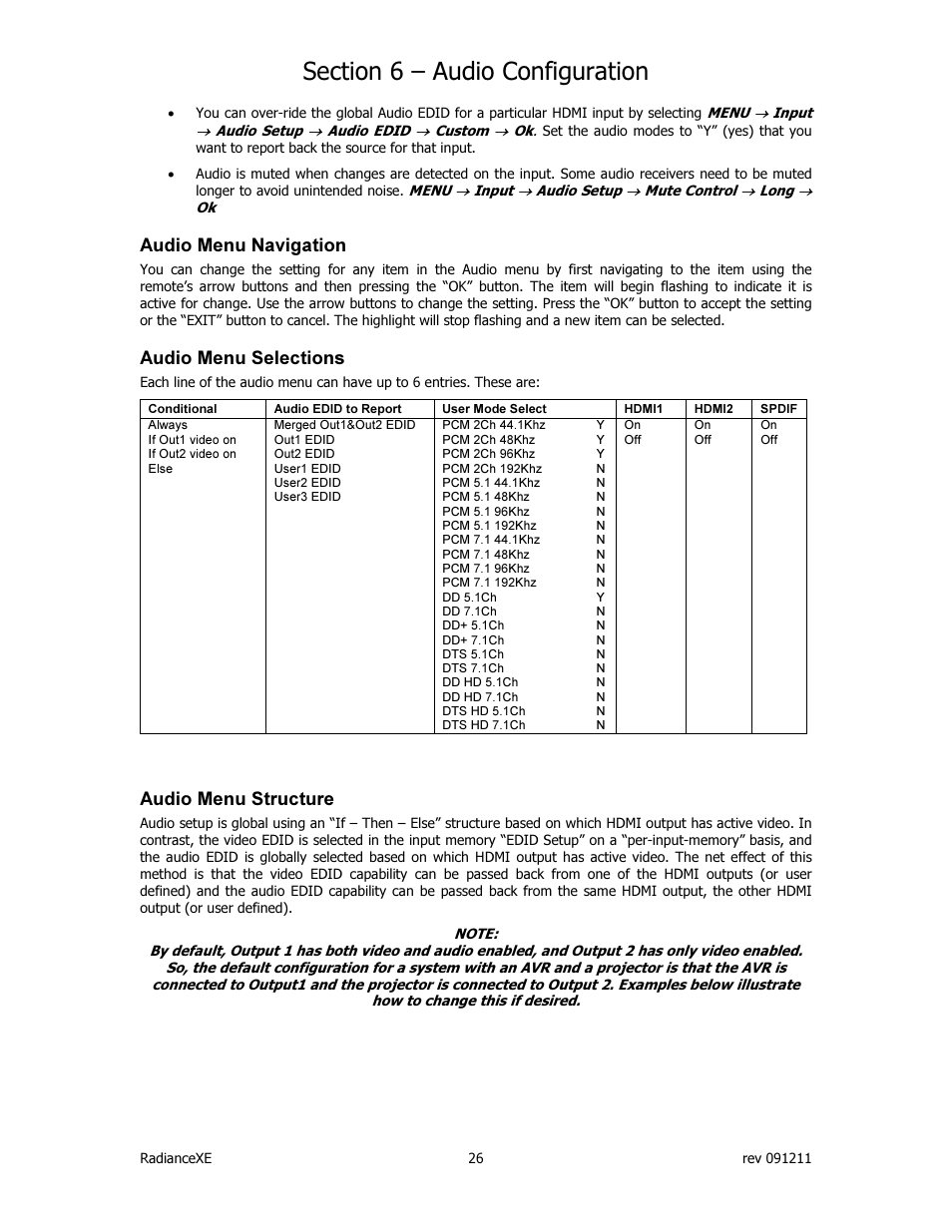 Audio menu navigation, Audio menu selections, Audio menu structure | Lumagen Radiance XE-3D User Manual | Page 32 / 48