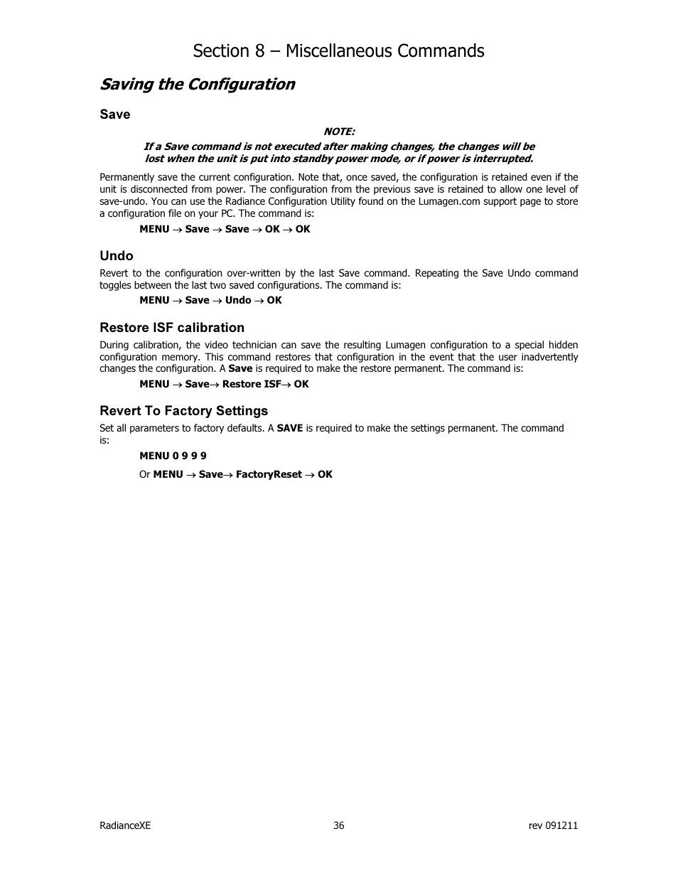 Saving the configuration | Lumagen Radiance XE-3D User Manual | Page 42 / 48