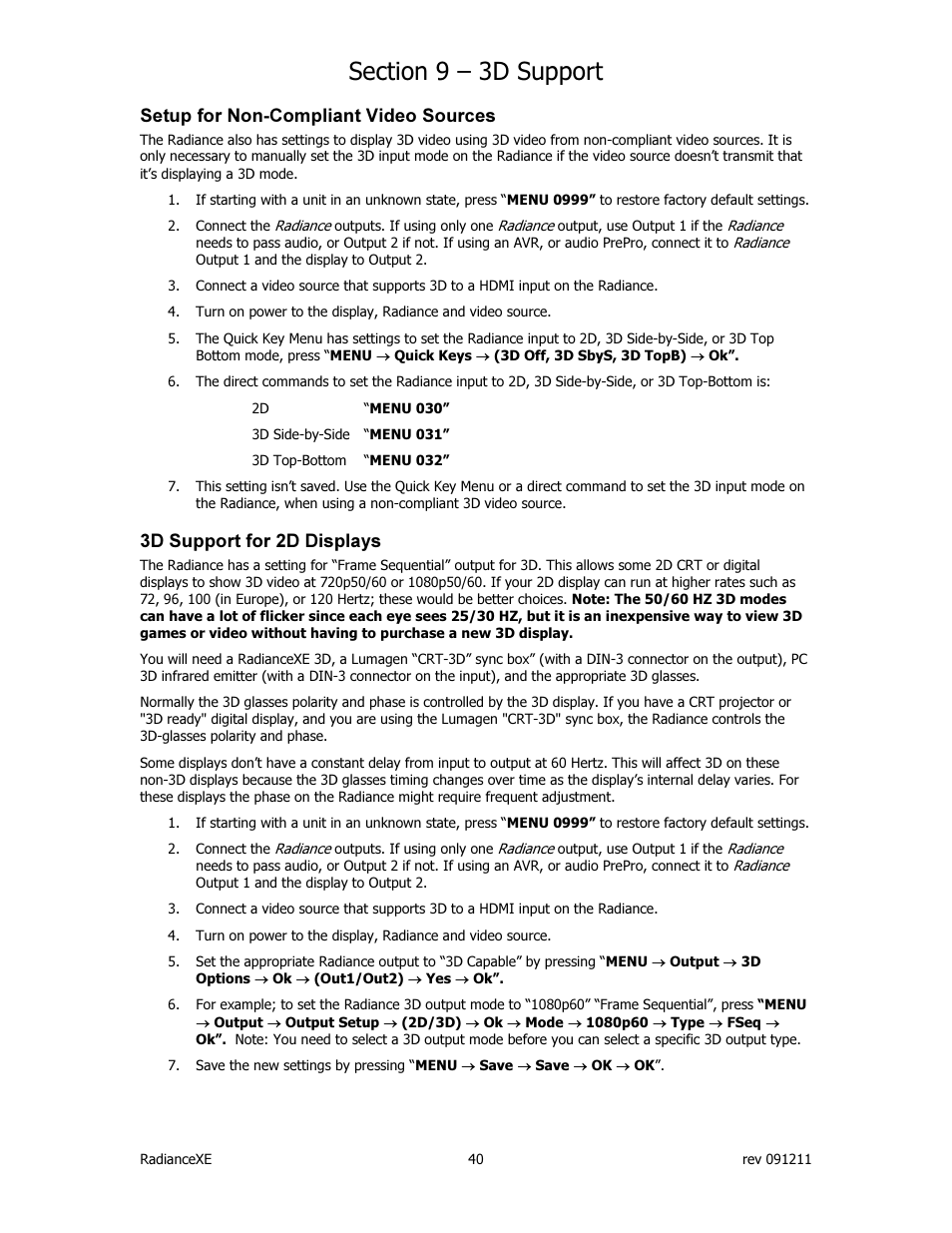 Setup for non-compliant video sources, 3d support for 2d displays | Lumagen Radiance XE-3D User Manual | Page 46 / 48