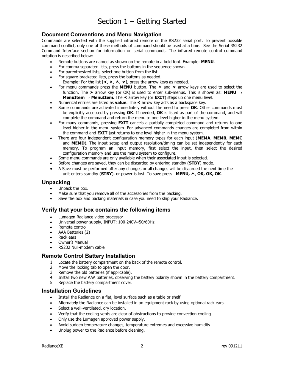 Document conventions and menu navigation, Unpacking, Verify that your box contains the following items | Remote control battery installation, Installation guidelines | Lumagen Radiance XE-3D User Manual | Page 8 / 48