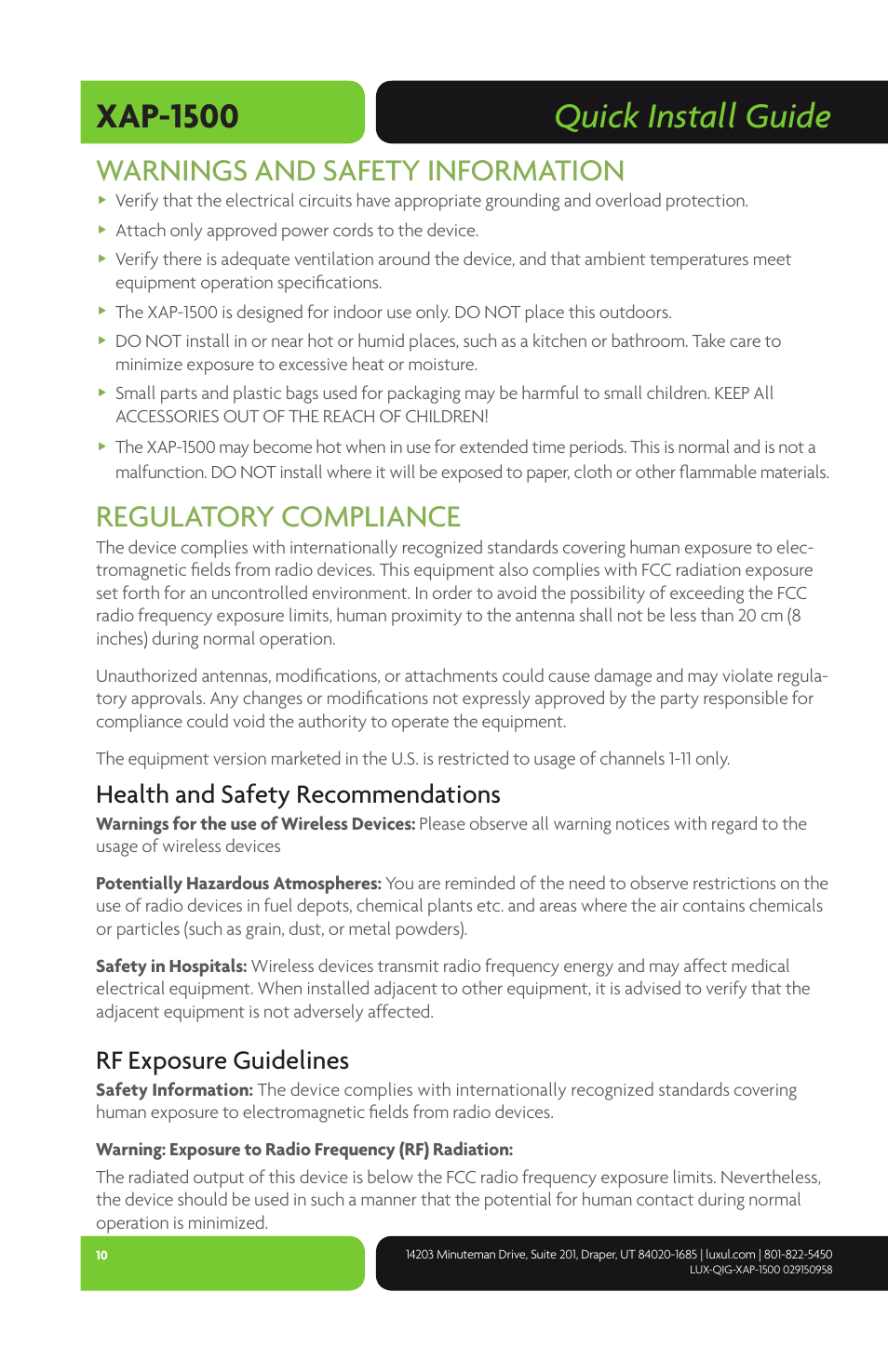 Quick install guide xap-1500, Warnings and safety information, Regulatory compliance | Health and safety recommendations, Rf exposure guidelines | Luxul XAP-1500 User Manual | Page 10 / 12