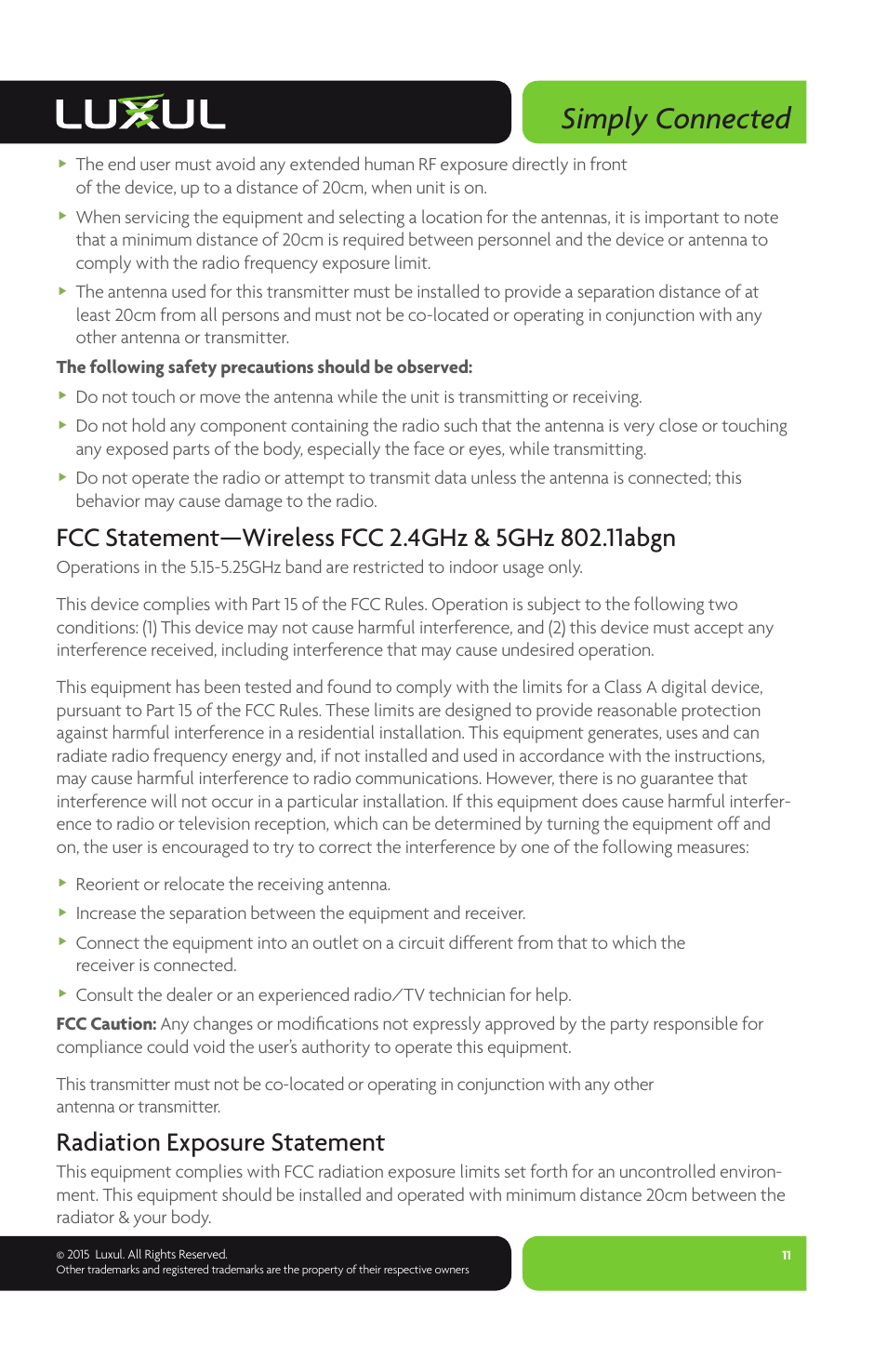 Simply connected, Radiation exposure statement | Luxul XAP-1500 User Manual | Page 11 / 12