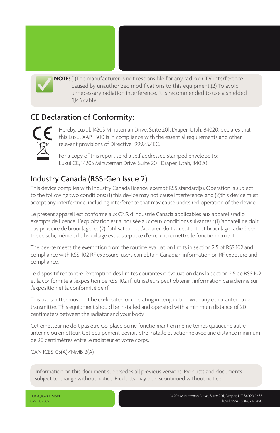 Ce declaration of conformity, Industry canada (rss-gen issue 2) | Luxul XAP-1500 User Manual | Page 12 / 12