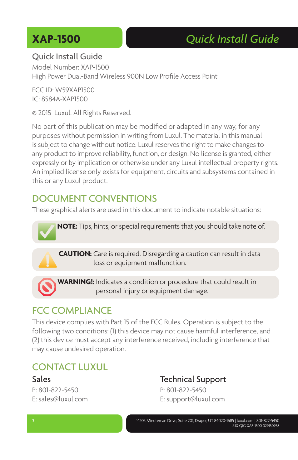 Quick install guide xap-1500, Document conventions, Fcc compliance | Contact luxul | Luxul XAP-1500 User Manual | Page 2 / 12