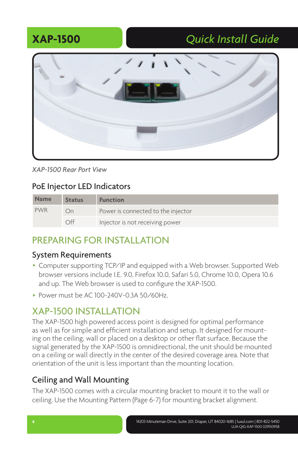 Quick install guide xap-1500, Preparing for installation, Xap-1500 installation | Poe injector led indicators, System requirements, Ceiling and wall mounting | Luxul XAP-1500 User Manual | Page 4 / 12