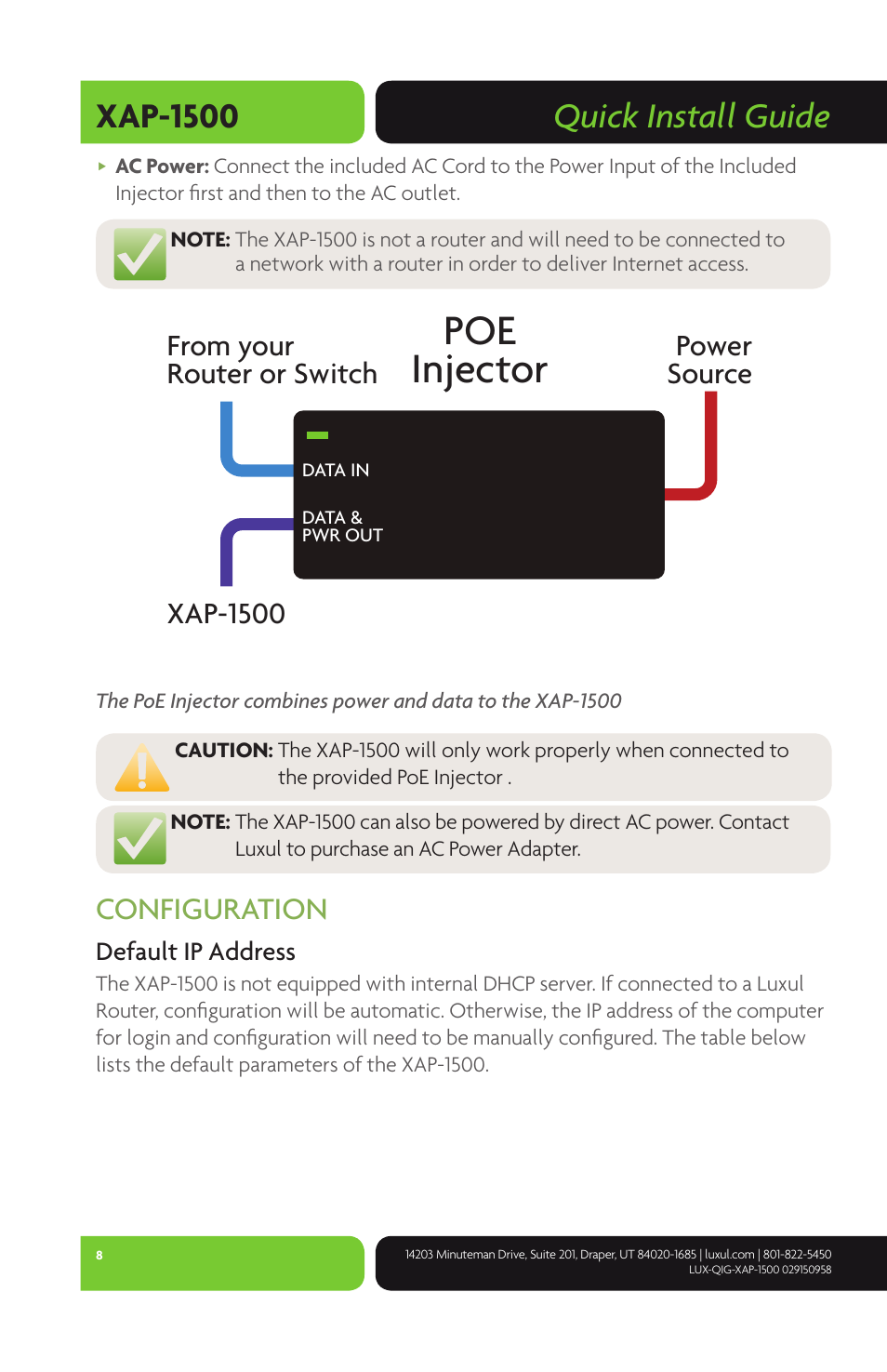 Poe injector, Quick install guide xap-1500, Configuration | Power source | Luxul XAP-1500 User Manual | Page 8 / 12