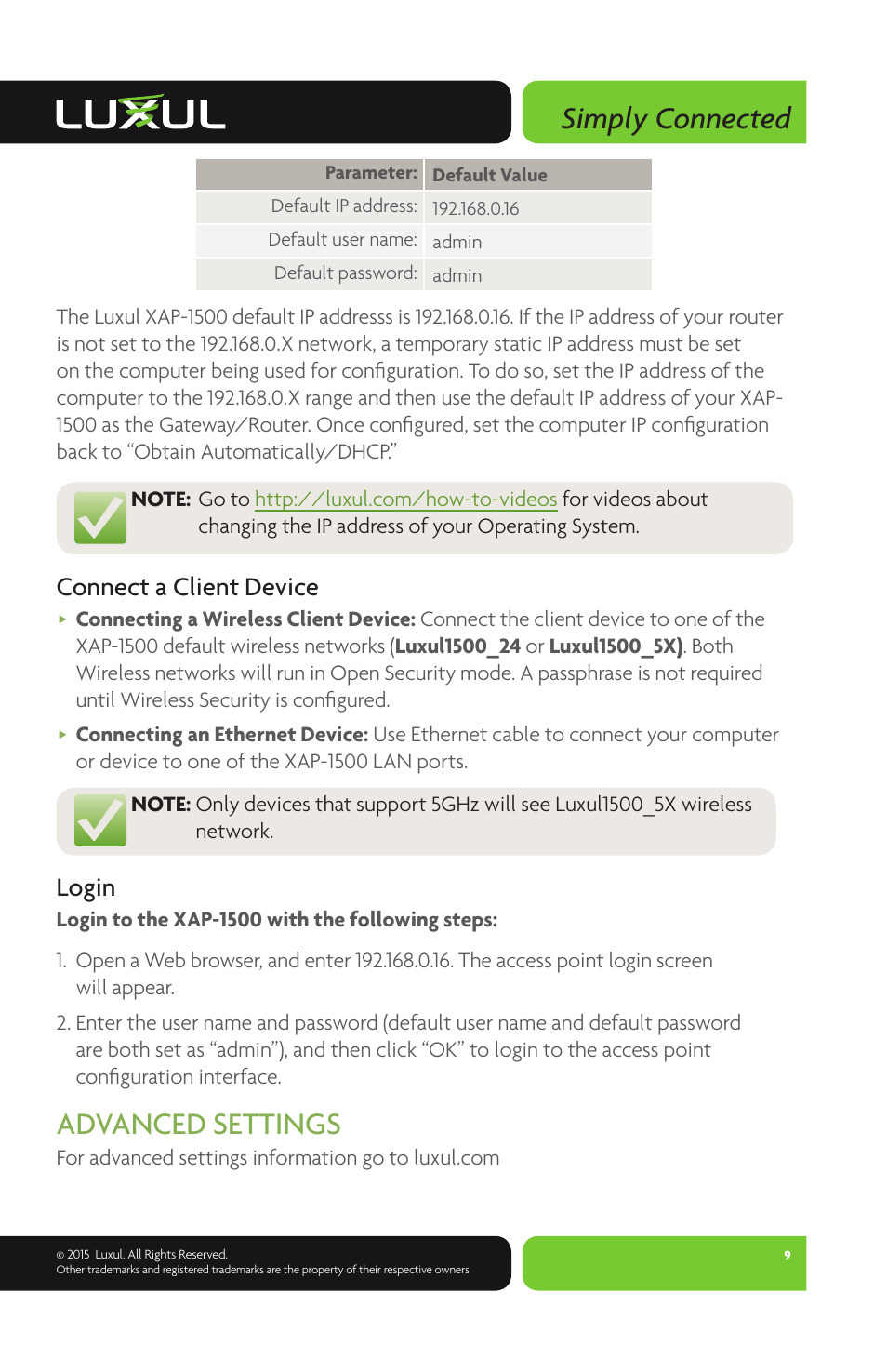 Simply connected, Advanced settings, Connect a client device | Login | Luxul XAP-1500 User Manual | Page 9 / 12