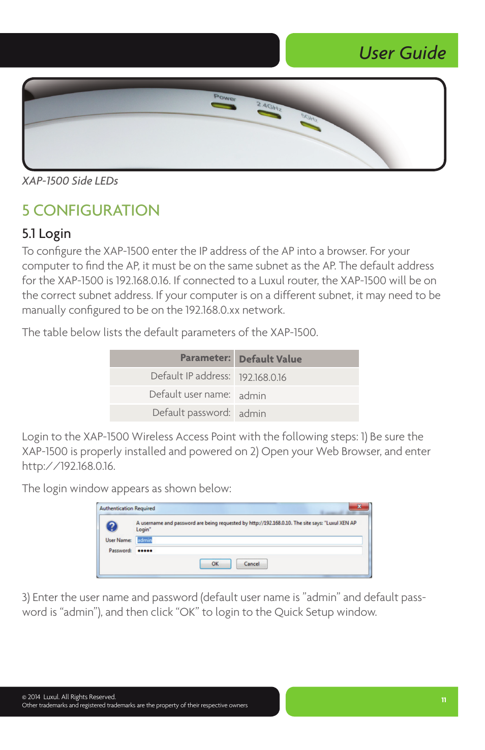 User guide, 5 configuration, 1 login | Luxul XAP-1500 User Manual | Page 11 / 28