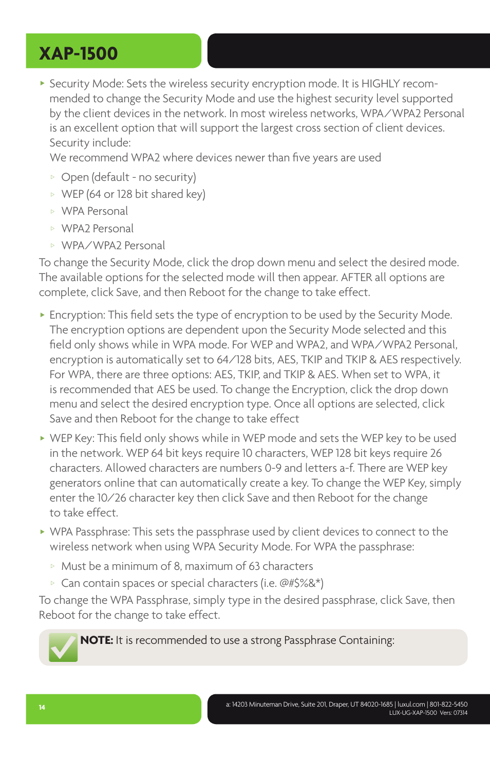 Xap-1500, Open (default - no security), Wpa personal | Wpa2 personal, Must be a minimum of 8, maximum of 63 characters | Luxul XAP-1500 User Manual | Page 14 / 28