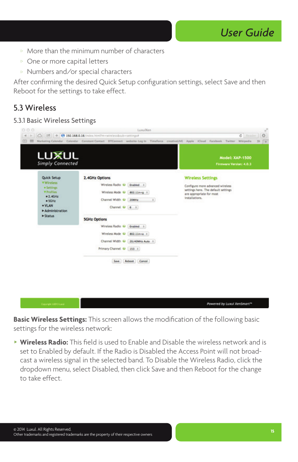 User guide, 3 wireless, More than the minimum number of characters | One or more capital letters, 1 basic wireless settings | Luxul XAP-1500 User Manual | Page 15 / 28