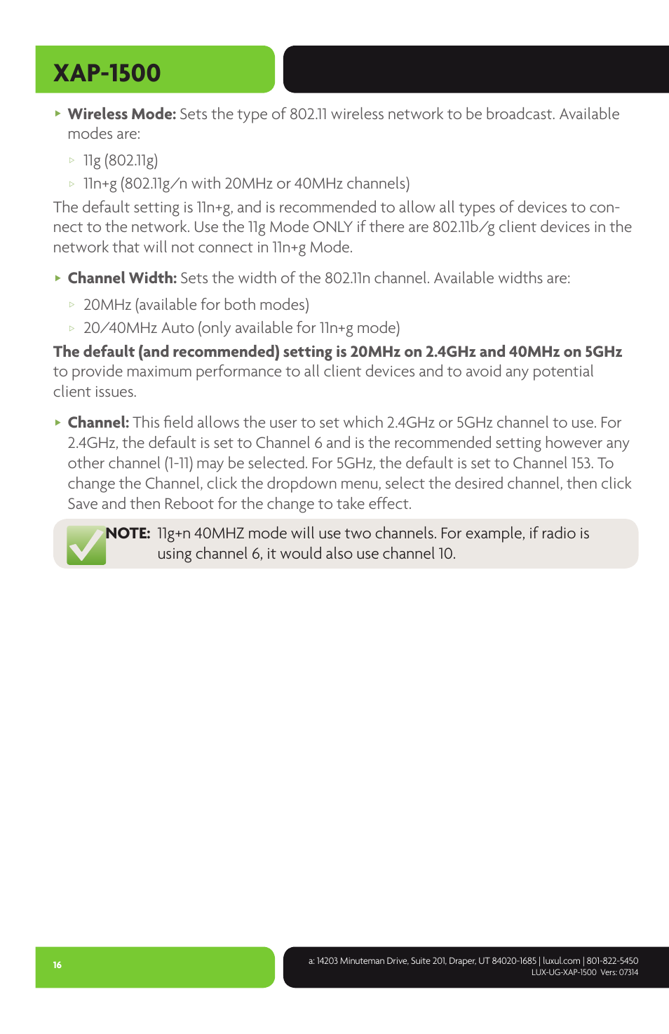 Xap-1500, 20mhz (available for both modes) | Luxul XAP-1500 User Manual | Page 16 / 28