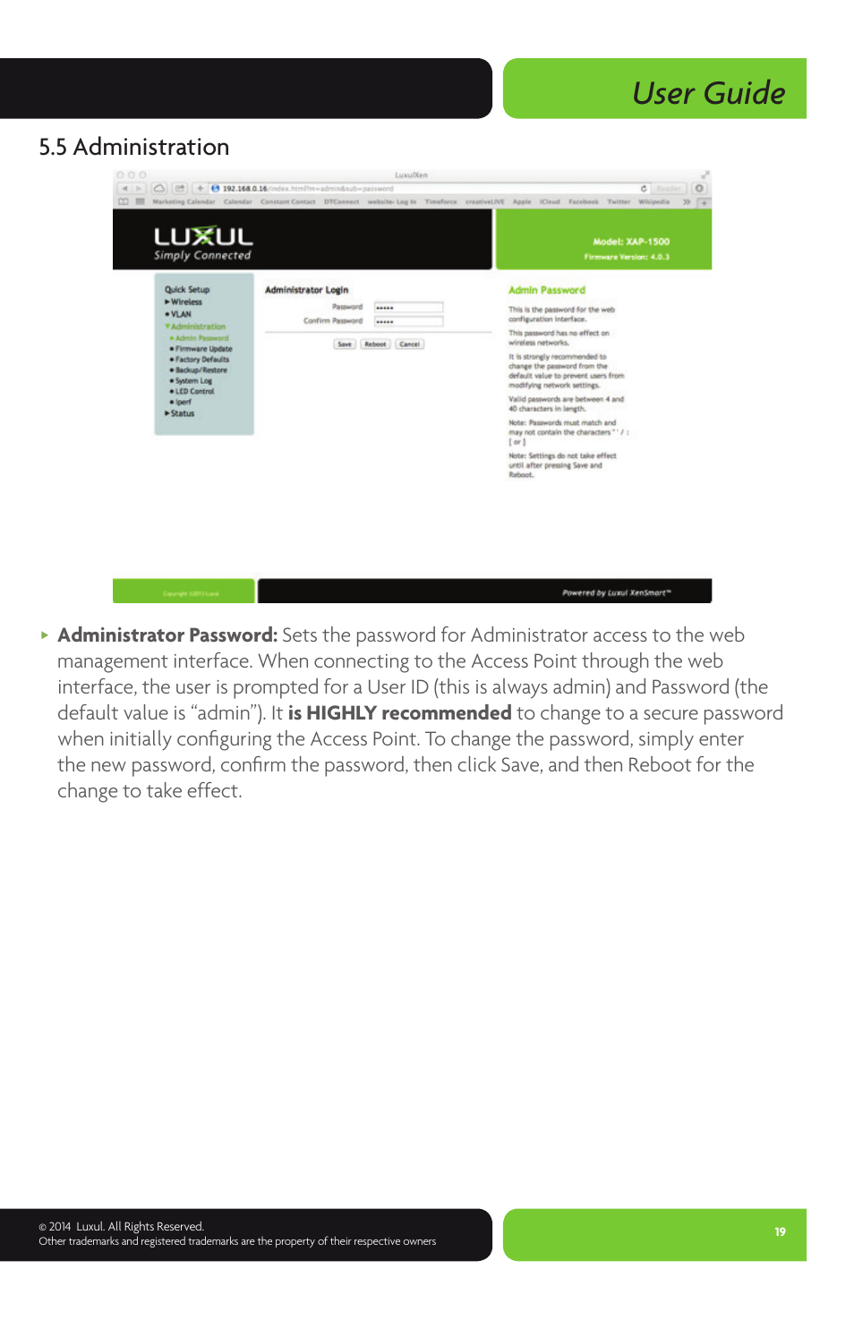 User guide, 5 administration | Luxul XAP-1500 User Manual | Page 19 / 28