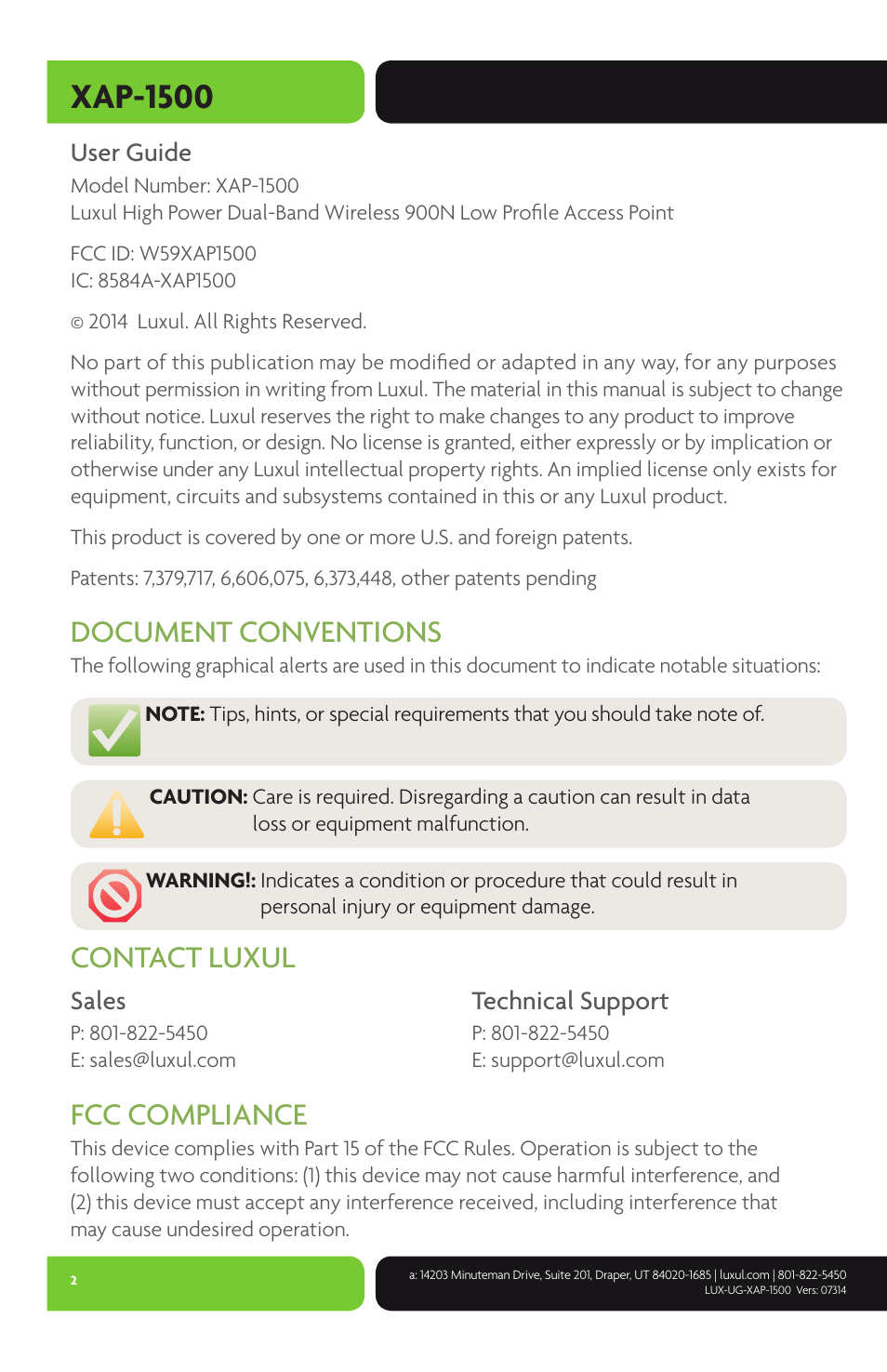 Xap-1500, Document conventions, Contact luxul fcc compliance | Luxul XAP-1500 User Manual | Page 2 / 28