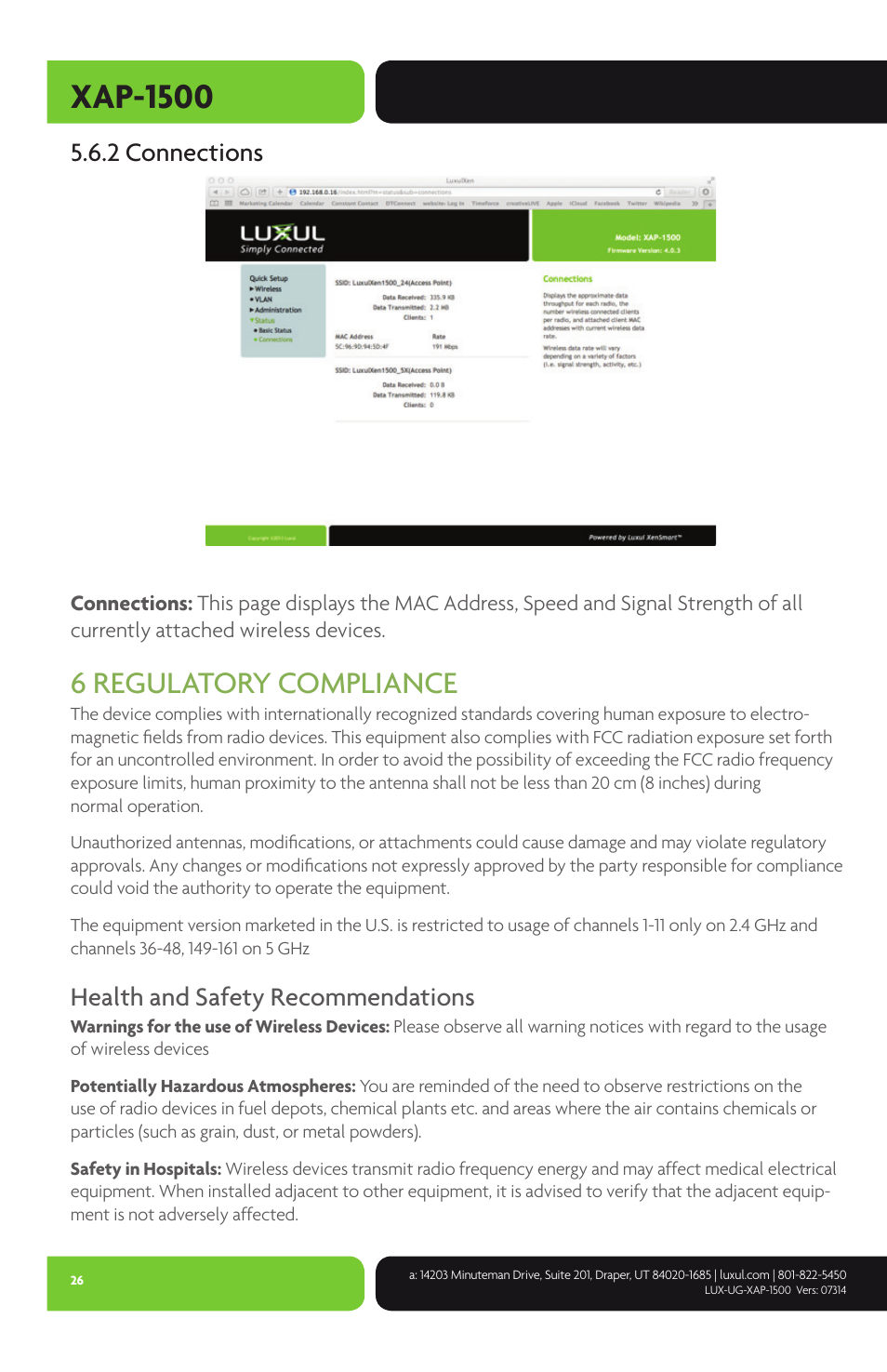 Xap-1500, 6 regulatory compliance, 2 connections | Health and safety recommendations | Luxul XAP-1500 User Manual | Page 26 / 28