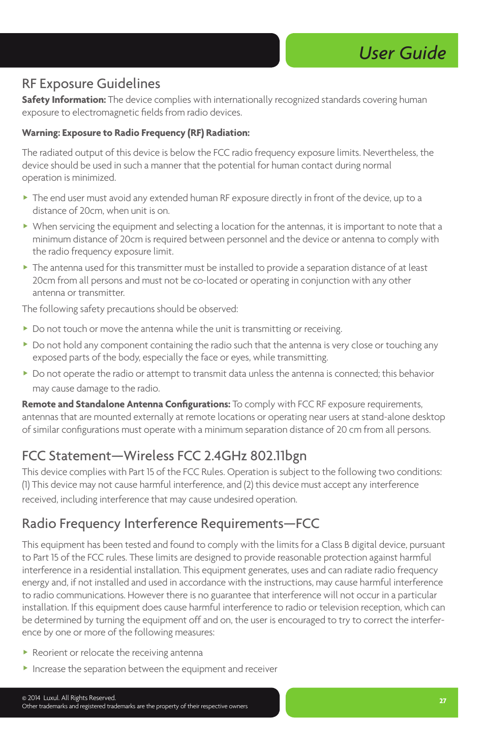 User guide, Rf exposure guidelines, Radio frequency interference requirements—fcc | Luxul XAP-1500 User Manual | Page 27 / 28