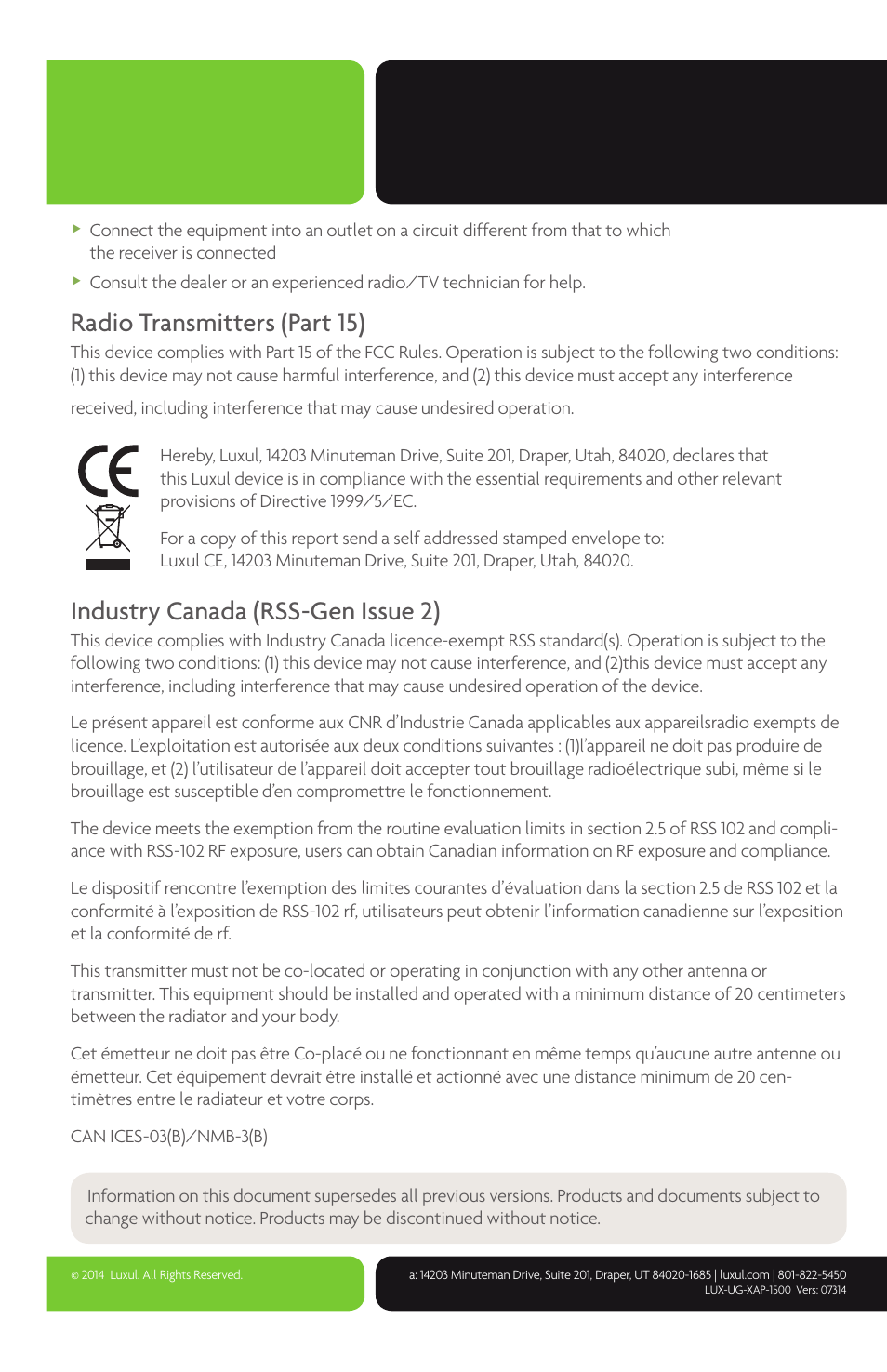 Radio transmitters (part 15), Industry canada (rss-gen issue 2) | Luxul XAP-1500 User Manual | Page 28 / 28