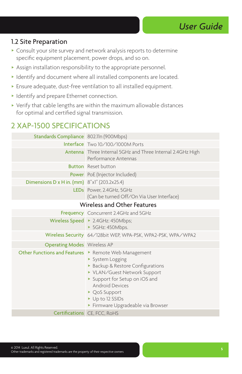 User guide, 2 site preparation, Wireless and other features | Identify and prepare ethernet connection | Luxul XAP-1500 User Manual | Page 5 / 28