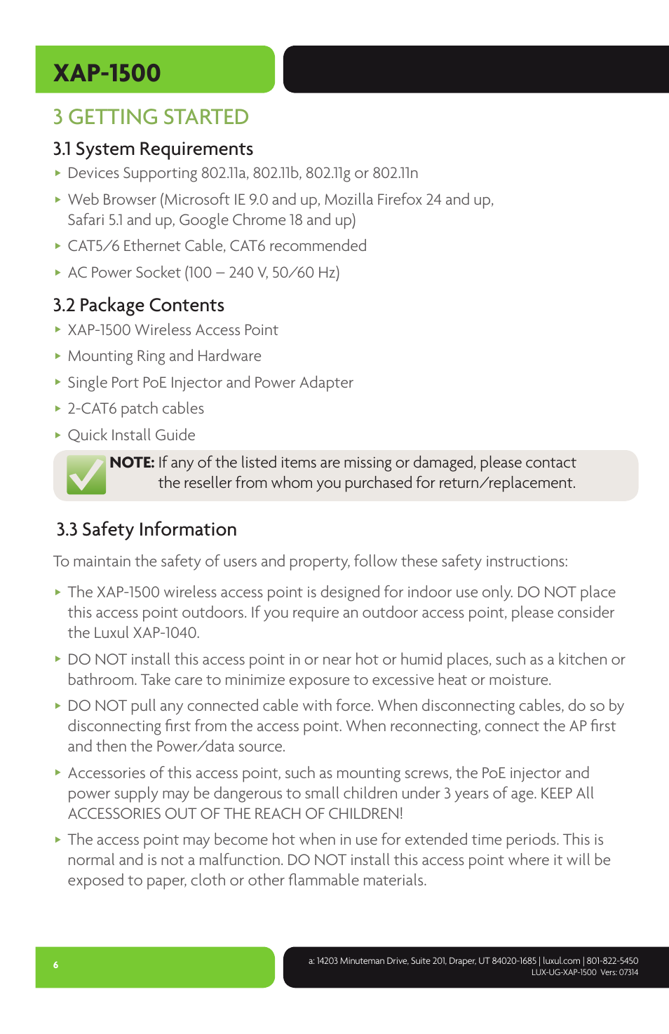 Xap-1500, 3 getting started, 1 system requirements | 2 package contents, 3 safety information, Cat5/6 ethernet cable, cat6 recommended, Xap-1500 wireless access point, Mounting ring and hardware, Single port poe injector and power adapter, Cat6 patch cables | Luxul XAP-1500 User Manual | Page 6 / 28