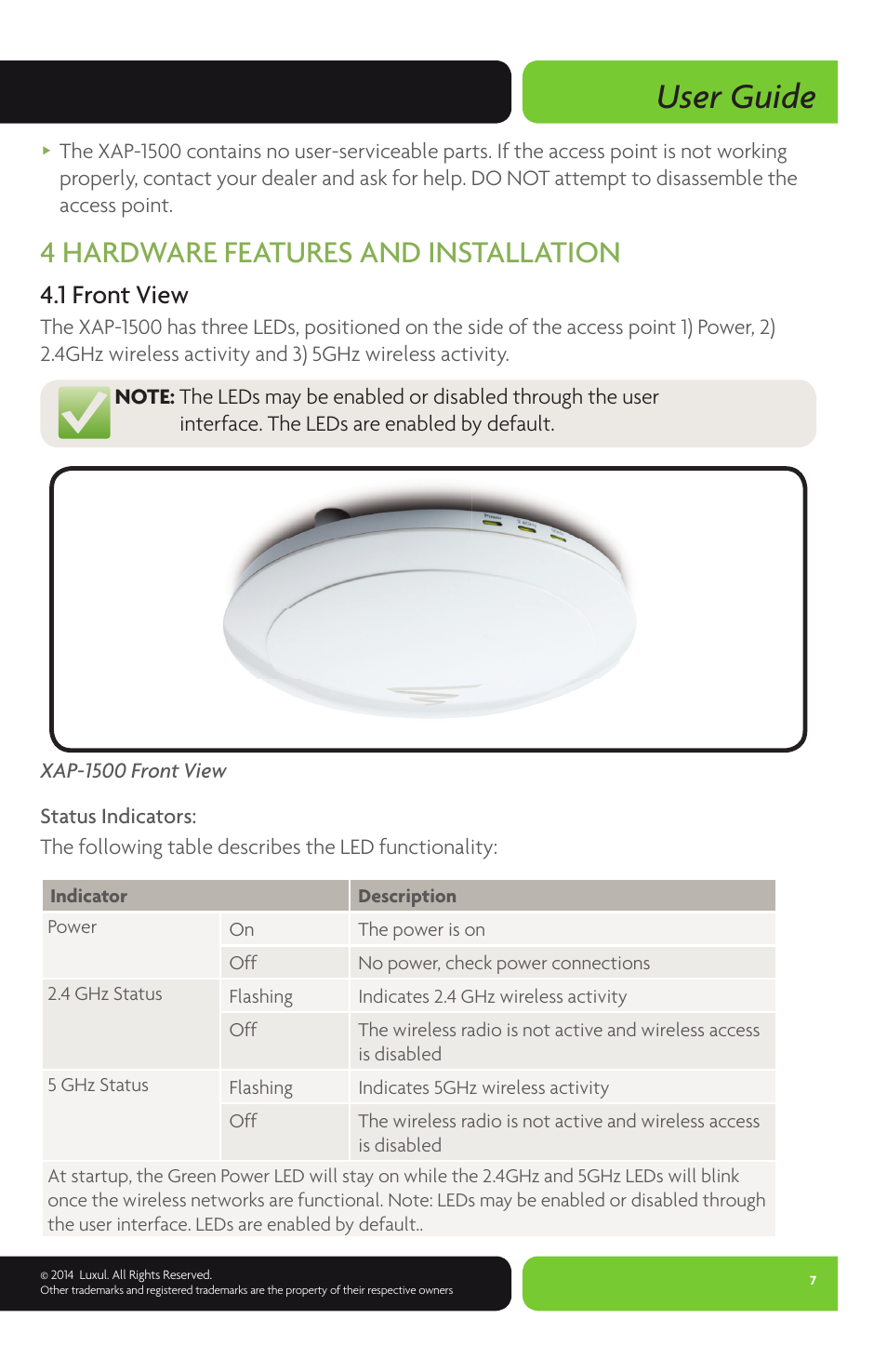 User guide, 4 hardware features and installation, 1 front view | Luxul XAP-1500 User Manual | Page 7 / 28