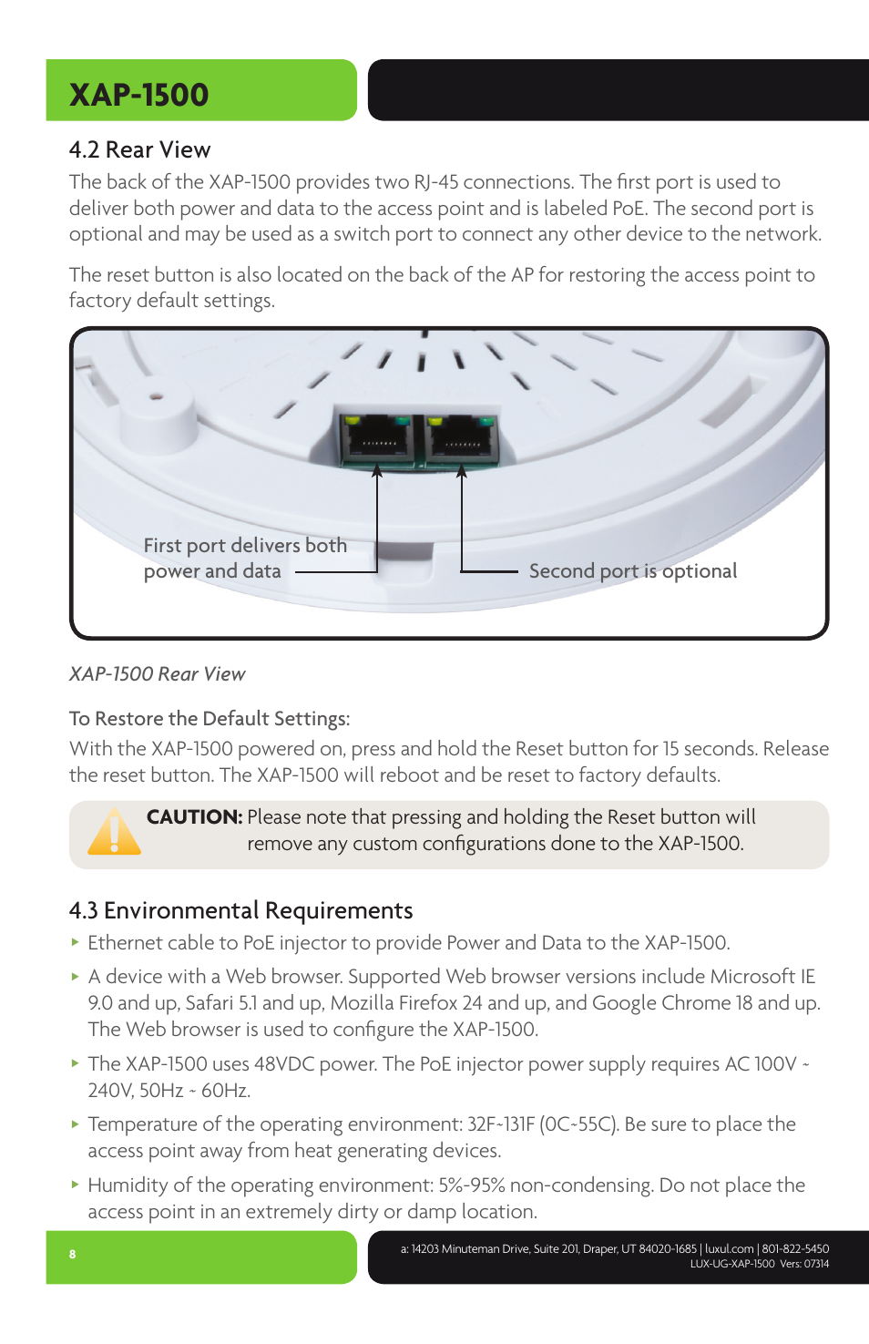 Xap-1500, 2 rear view, 3 environmental requirements | Luxul XAP-1500 User Manual | Page 8 / 28