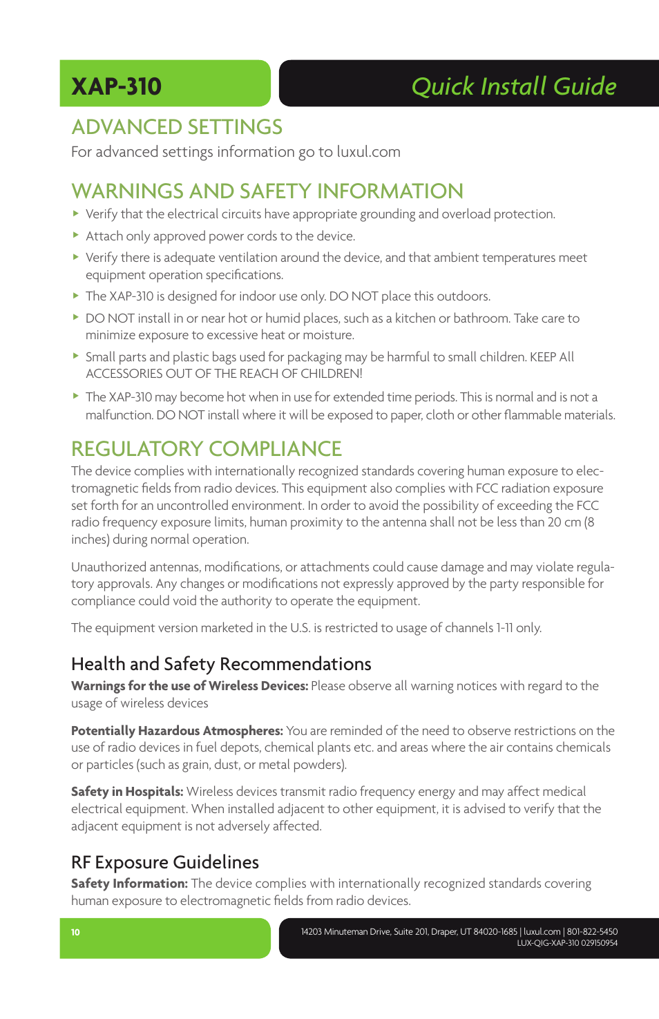 Quick install guide xap-310, Advanced settings, Warnings and safety information | Regulatory compliance, Health and safety recommendations, Rf exposure guidelines | Luxul XAP-310 User Manual | Page 10 / 12