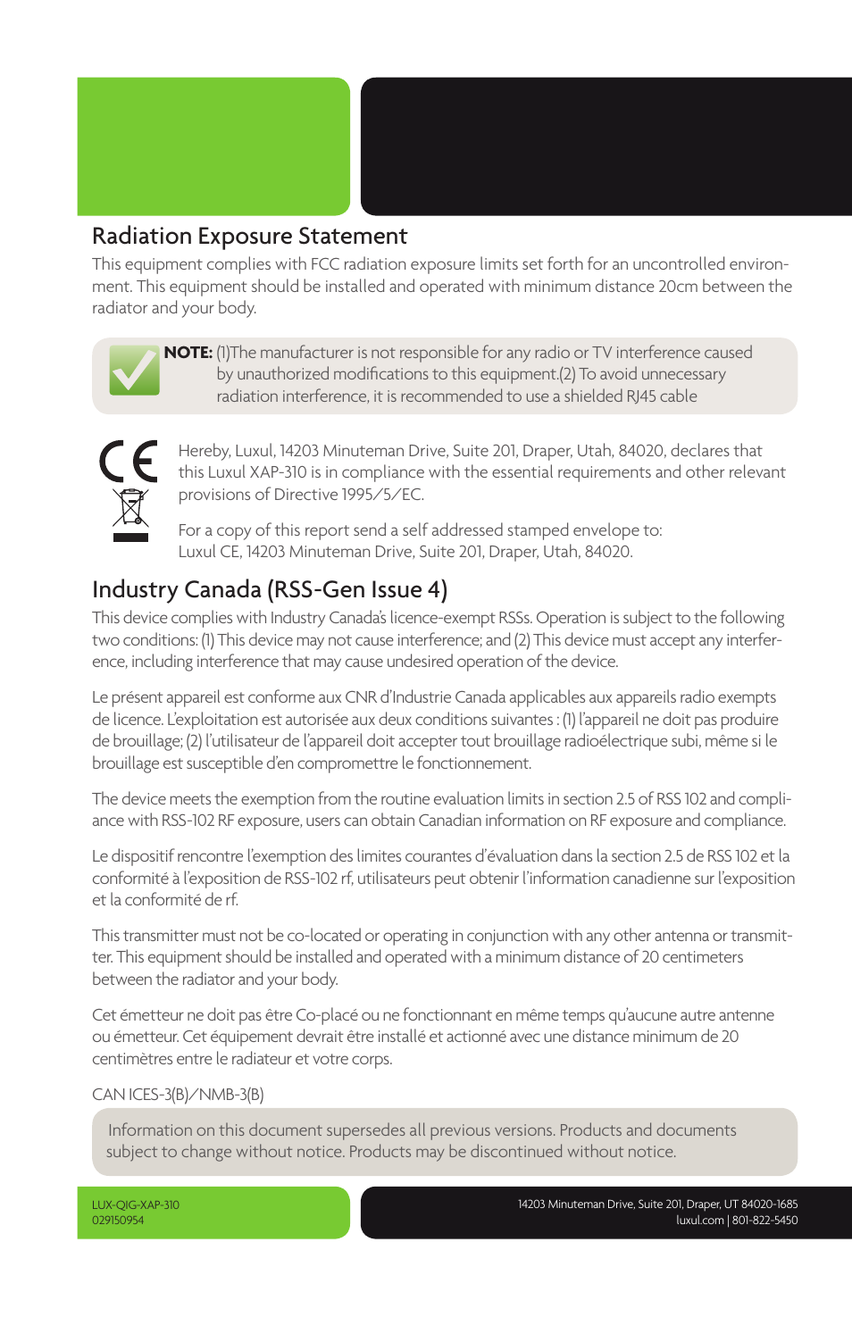 Radiation exposure statement, Industry canada (rss-gen issue 4) | Luxul XAP-310 User Manual | Page 12 / 12