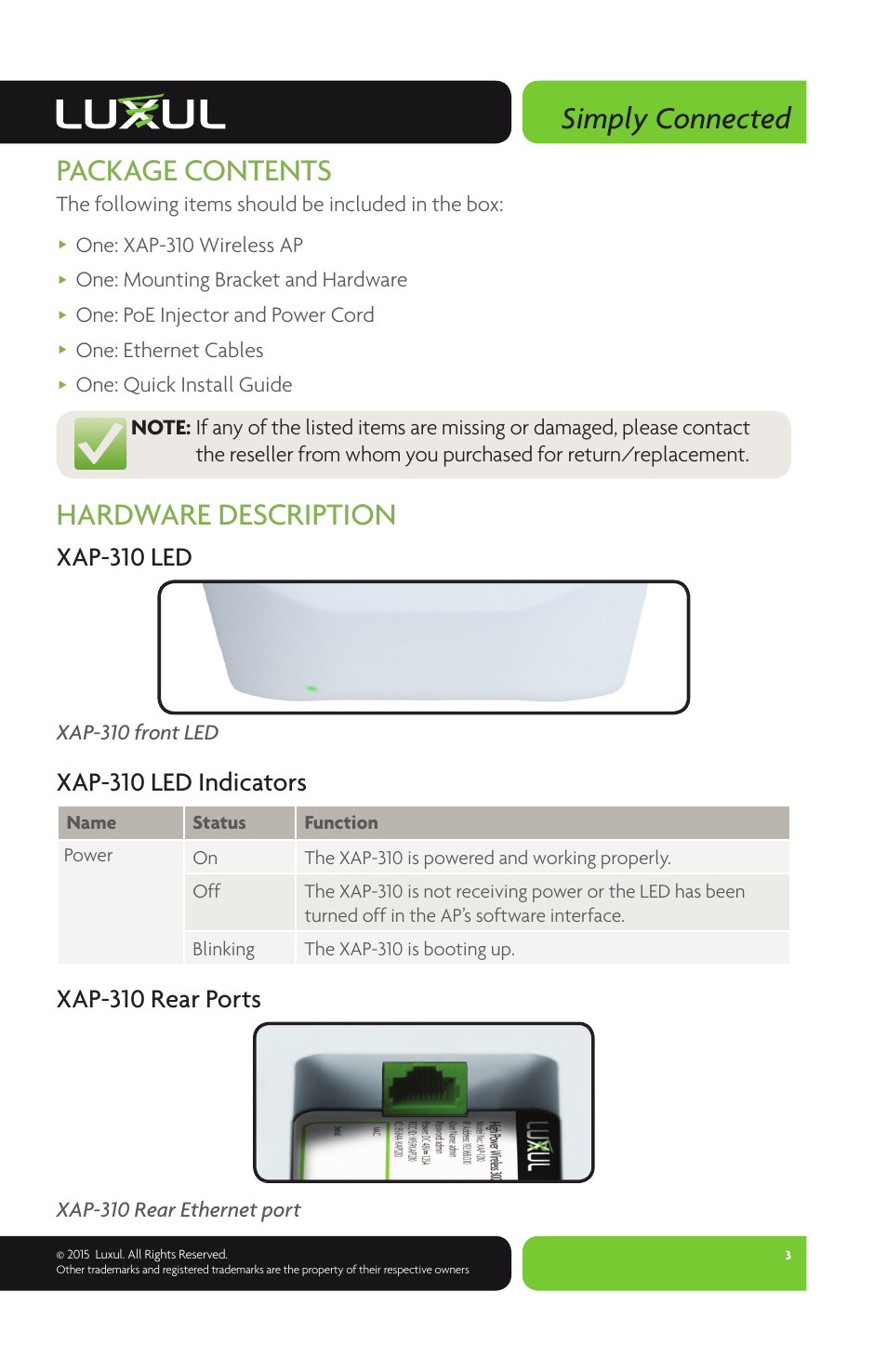 Simply connected, Package contents, Hardware description | Xap-310 led, Xap-310 led indicators, Xap-310 rear ports | Luxul XAP-310 User Manual | Page 3 / 12