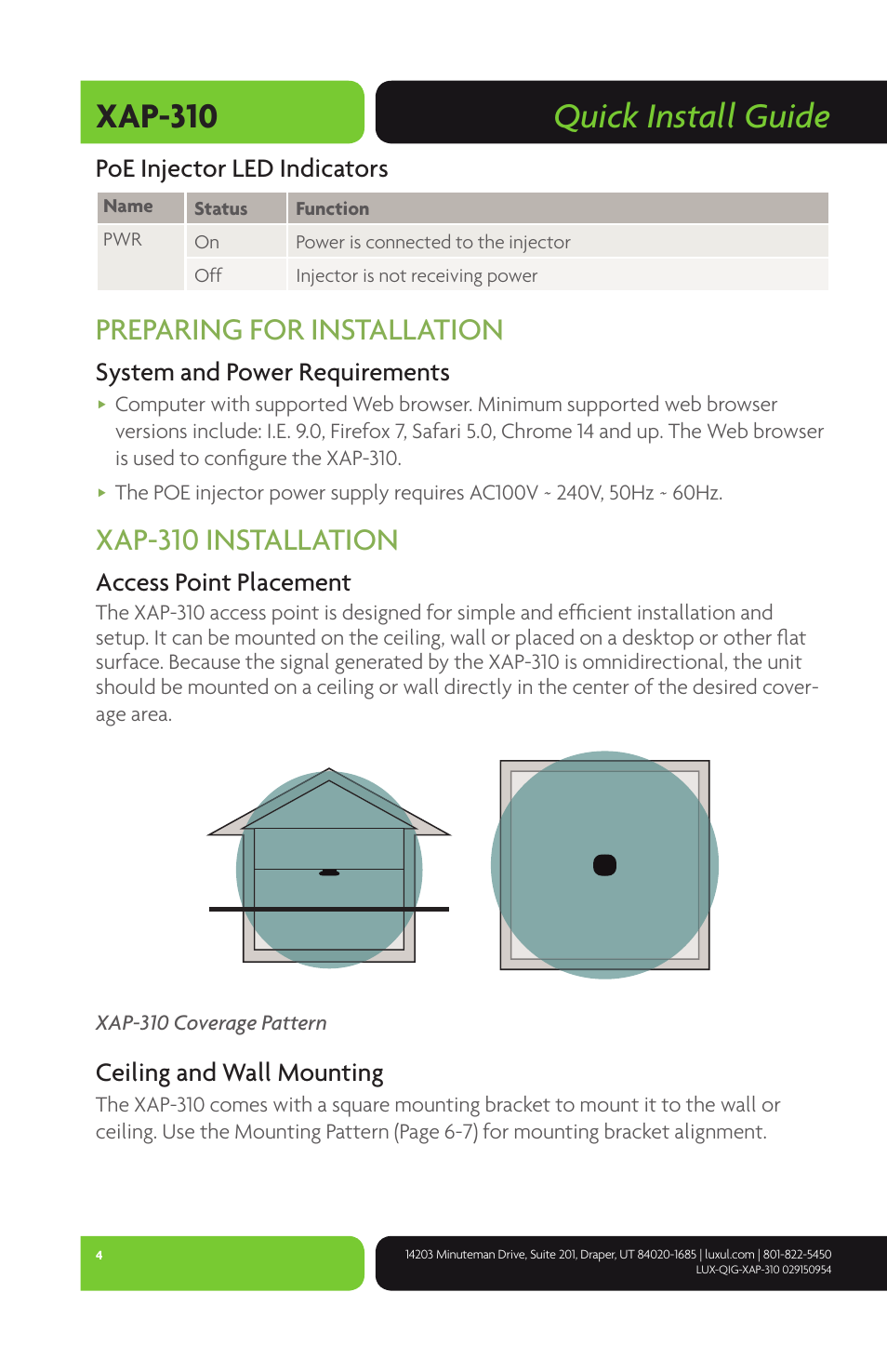 Quick install guide xap-310, Preparing for installation, Xap-310 installation | Poe injector led indicators, System and power requirements, Access point placement, Ceiling and wall mounting | Luxul XAP-310 User Manual | Page 4 / 12
