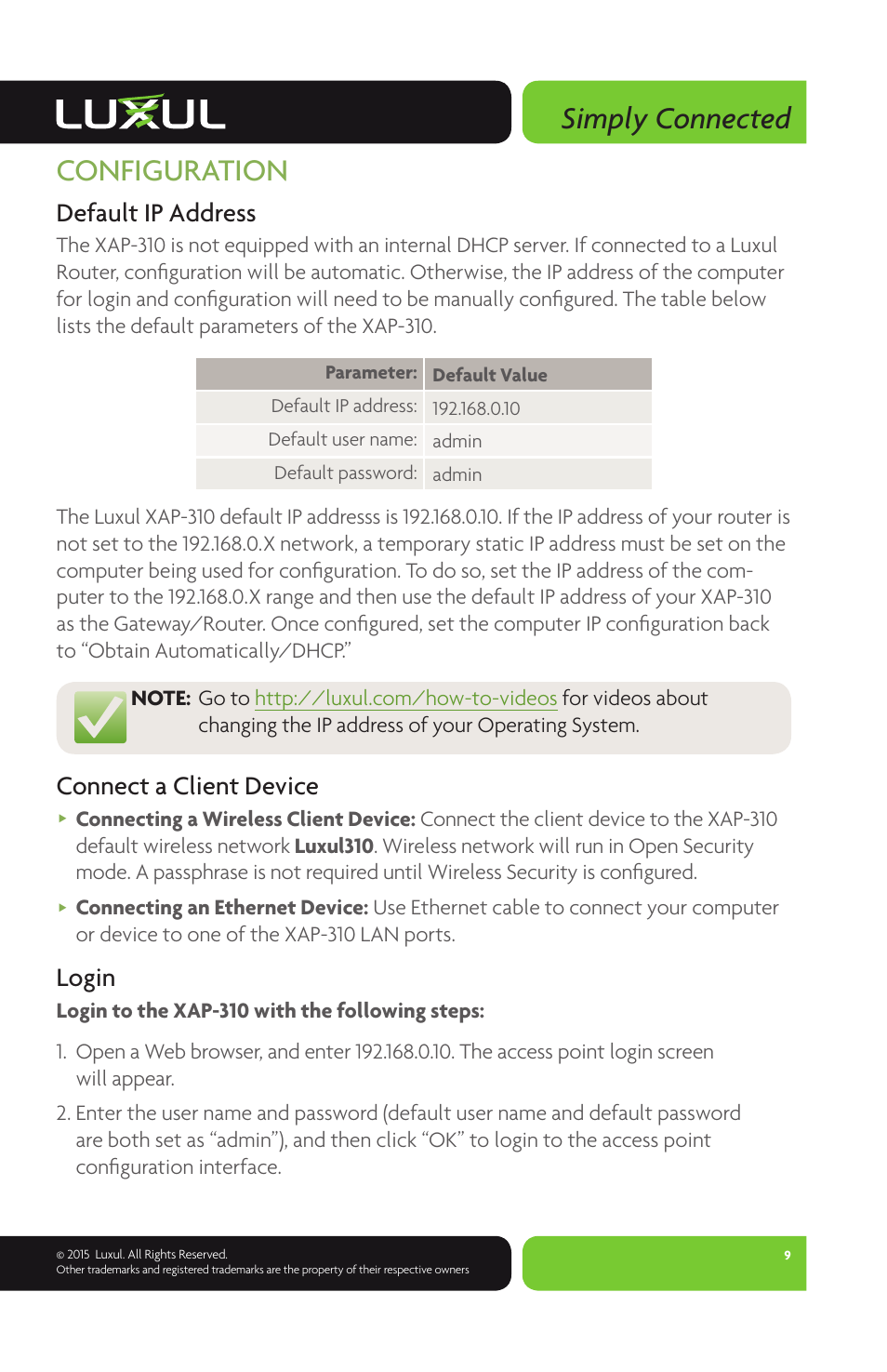 Simply connected, Configuration, Default ip address | Connect a client device, Login | Luxul XAP-310 User Manual | Page 9 / 12