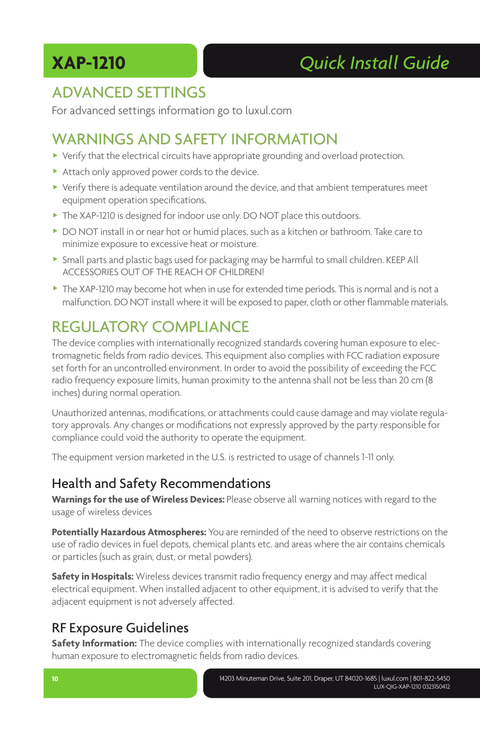 Quick install guide xap-1210, Advanced settings, Warnings and safety information | Regulatory compliance, Health and safety recommendations, Rf exposure guidelines | Luxul XAP-1210 User Manual | Page 10 / 12