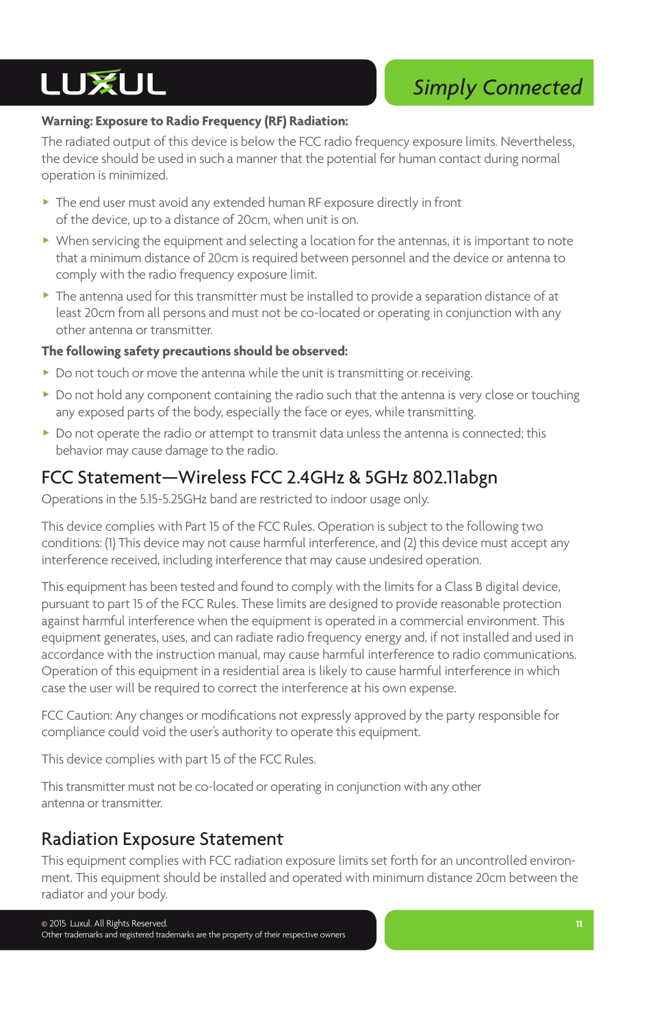 Simply connected, Radiation exposure statement | Luxul XAP-1210 User Manual | Page 11 / 12