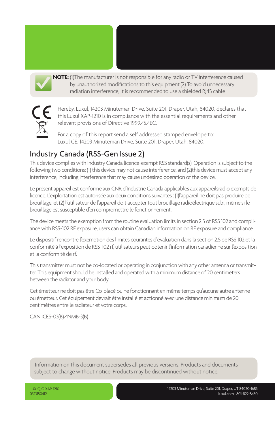 Industry canada (rss-gen issue 2) | Luxul XAP-1210 User Manual | Page 12 / 12