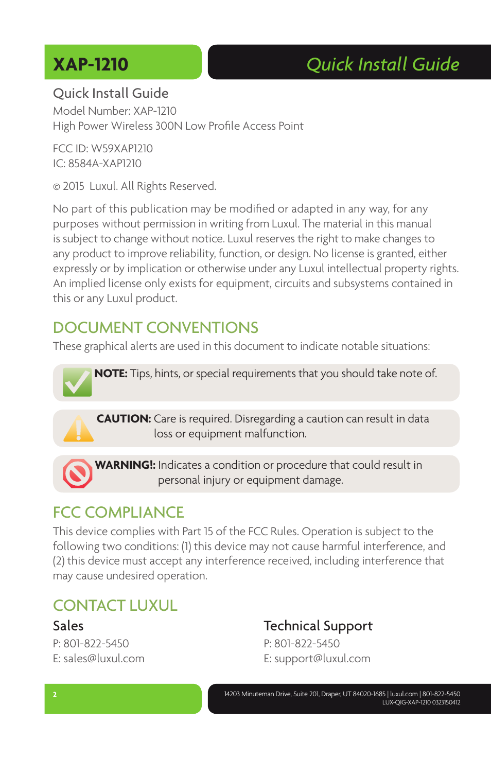 Quick install guide xap-1210, Document conventions, Fcc compliance | Contact luxul | Luxul XAP-1210 User Manual | Page 2 / 12