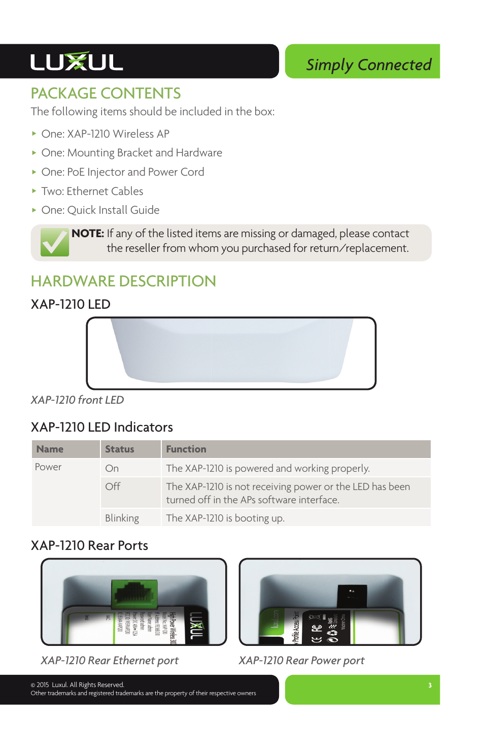 Simply connected, Package contents, Hardware description | Xap-1210 led, Xap-1210 led indicators, Xap-1210 rear ports | Luxul XAP-1210 User Manual | Page 3 / 12