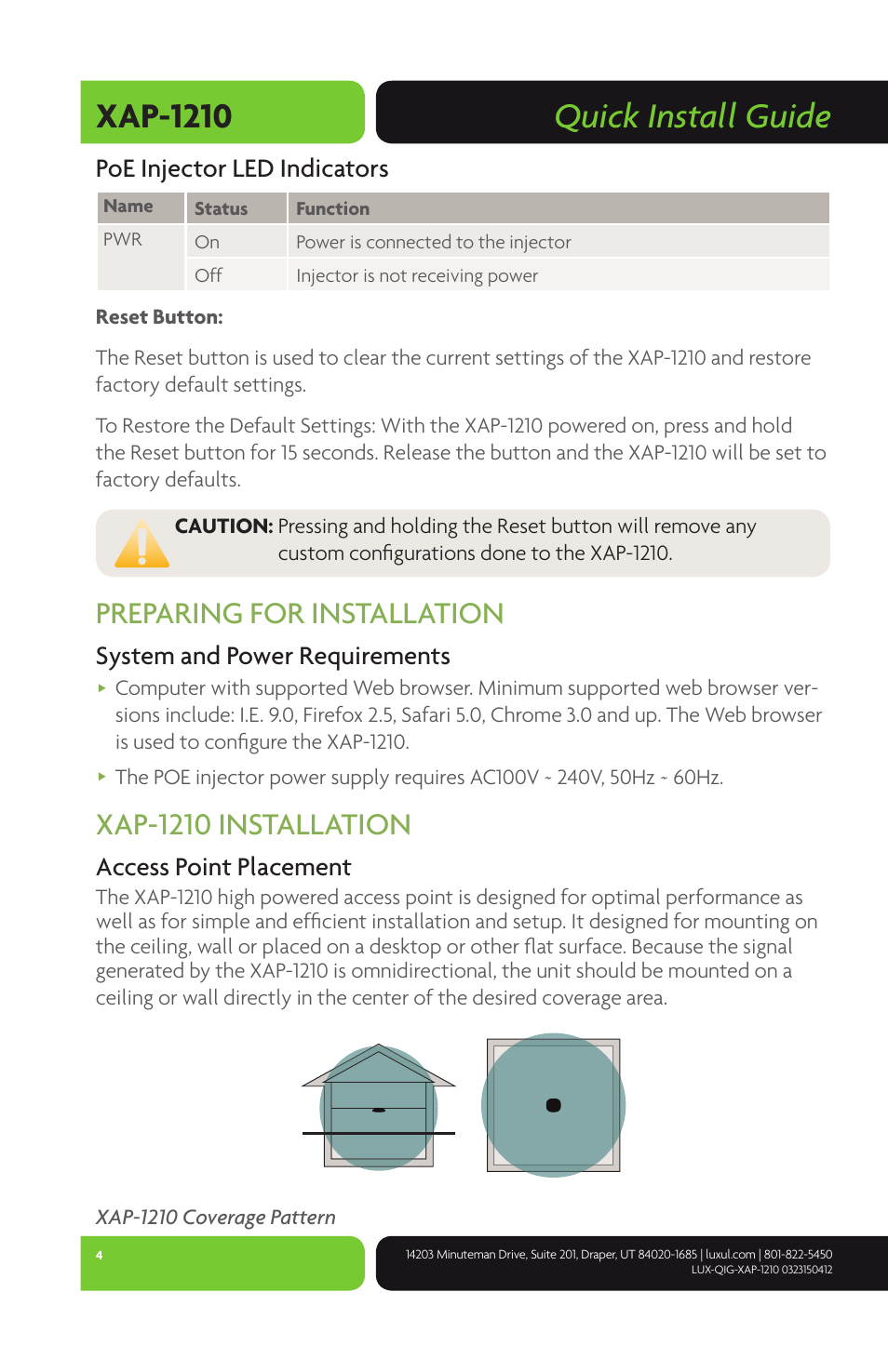 Quick install guide xap-1210, Preparing for installation, Xap-1210 installation | Poe injector led indicators, System and power requirements, Access point placement | Luxul XAP-1210 User Manual | Page 4 / 12