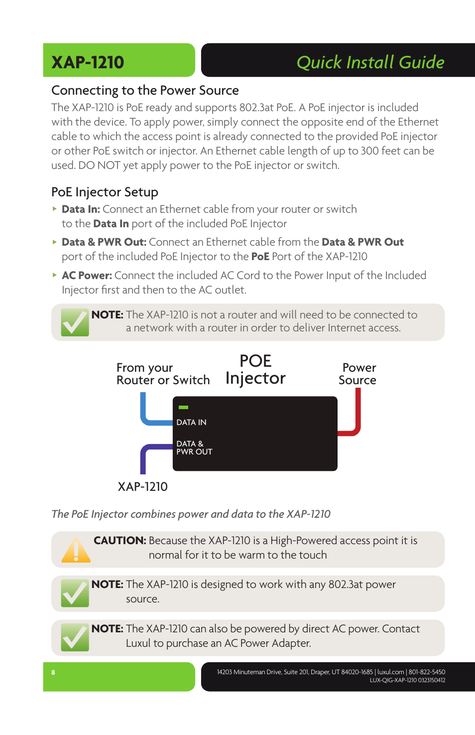 Quick install guide xap-1210, Poe injector, Connecting to the power source | Poe injector setup, Power source | Luxul XAP-1210 User Manual | Page 8 / 12