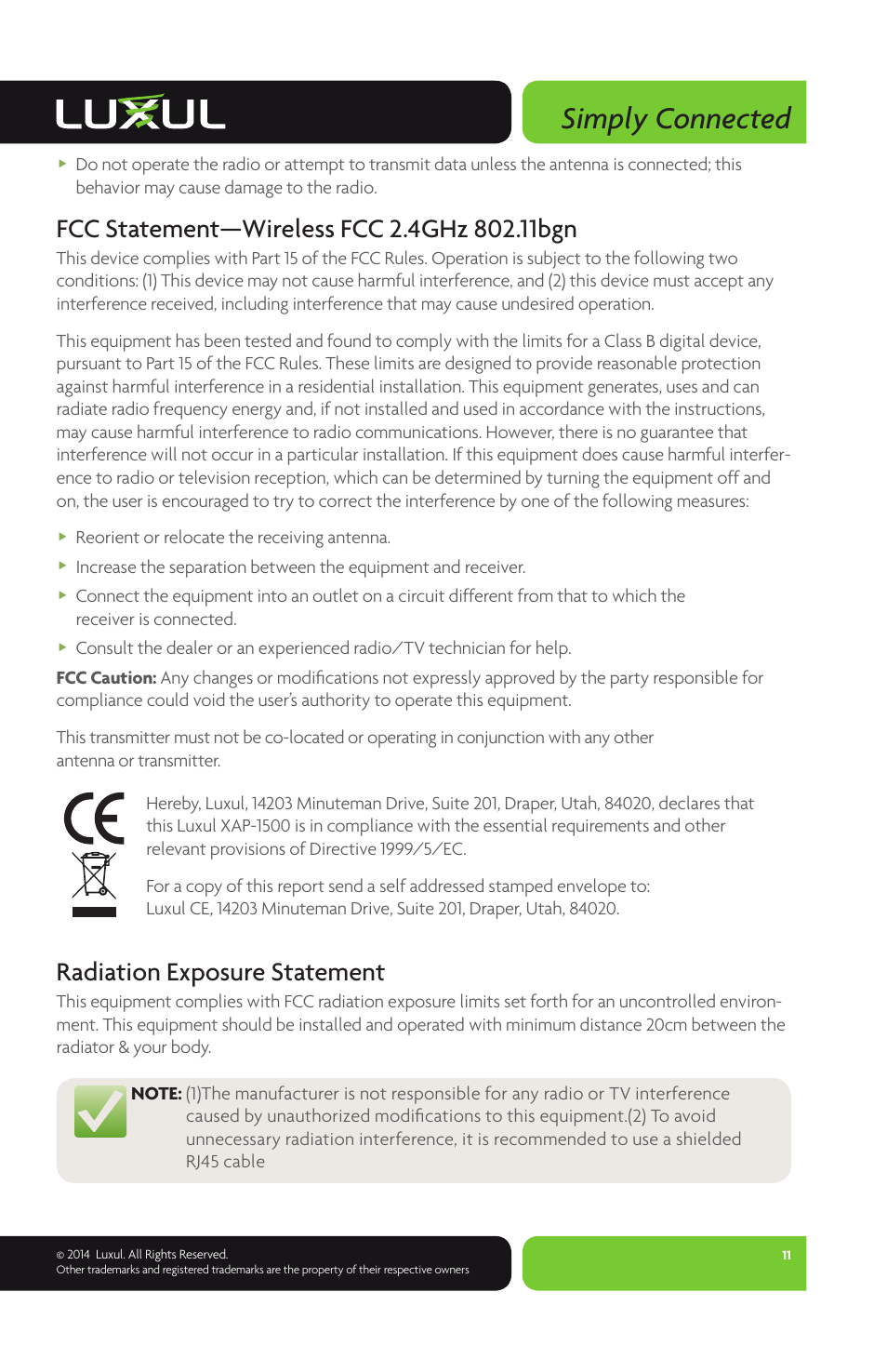 Simply connected, Radiation exposure statement | Luxul XAP-1230 User Manual | Page 11 / 12