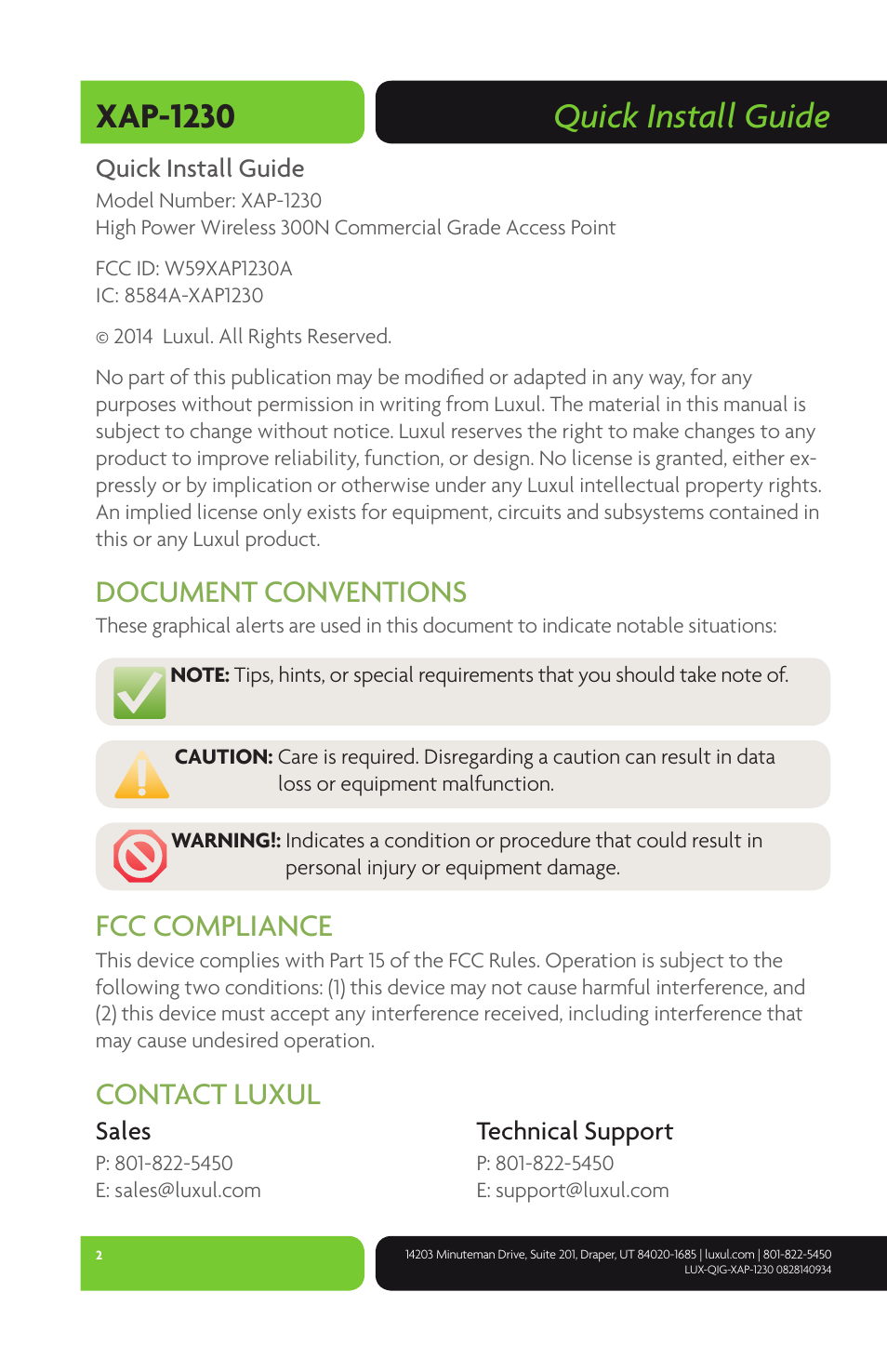 Quick install guide xap-1230, Document conventions, Fcc compliance | Contact luxul | Luxul XAP-1230 User Manual | Page 2 / 12