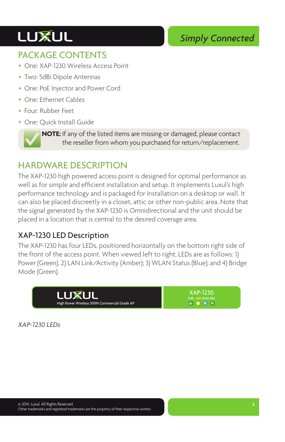 Simply connected, Package contents, Hardware description | Xap-1230 led description, One: xap-1230 wireless access point, Two: 5dbi dipole antennas, One: poe injector and power cord, One: ethernet cables, Four: rubber feet, Xap-1230 leds | Luxul XAP-1230 User Manual | Page 3 / 12