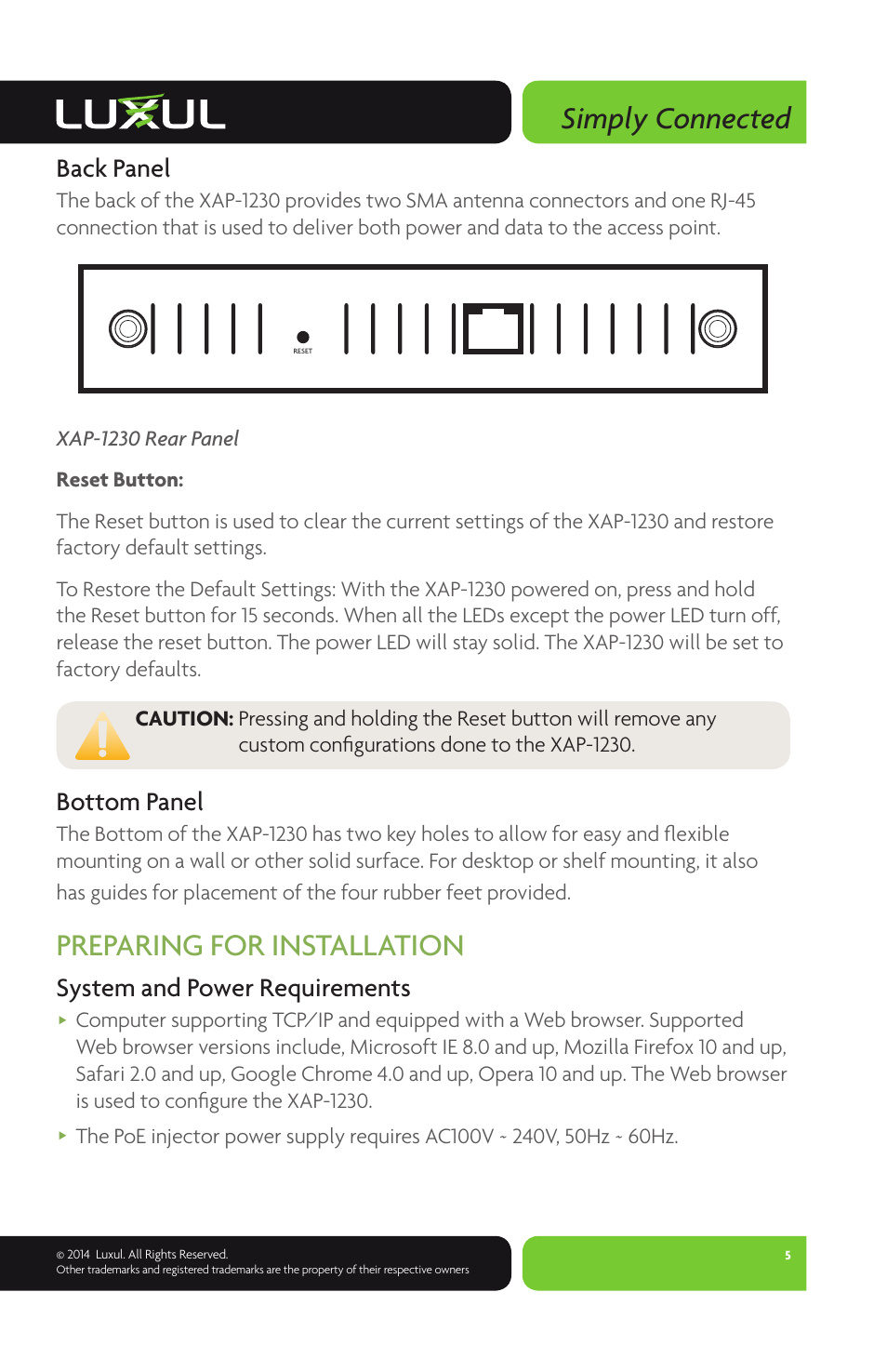 Simply connected, Preparing for installation, Back panel | Bottom panel, System and power requirements | Luxul XAP-1230 User Manual | Page 5 / 12