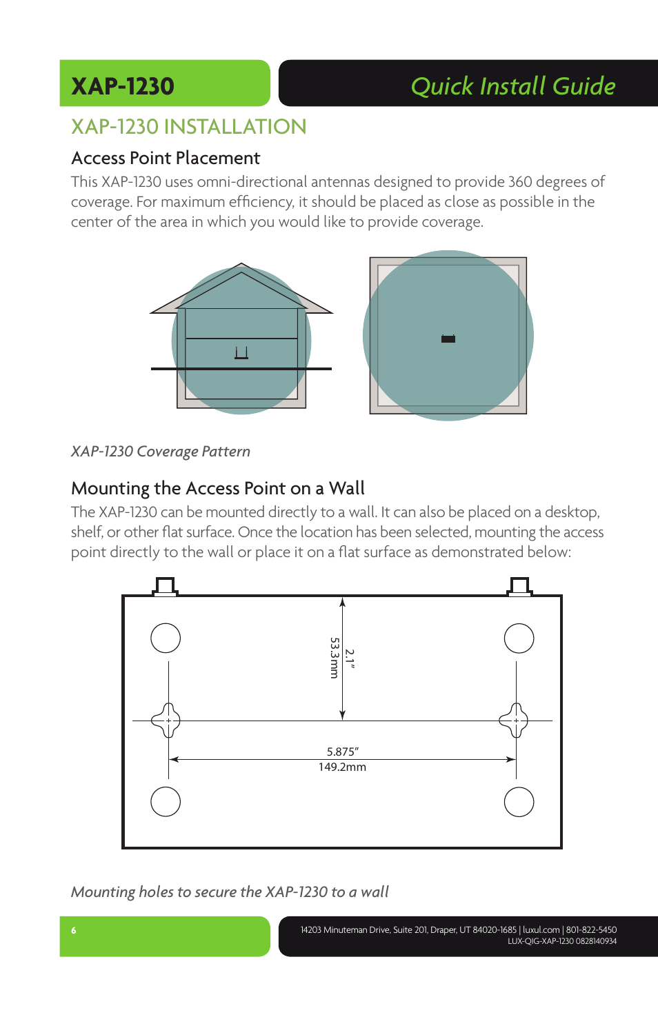 Quick install guide xap-1230, Xap-1230 installation, Access point placement | Mounting the access point on a wall | Luxul XAP-1230 User Manual | Page 6 / 12