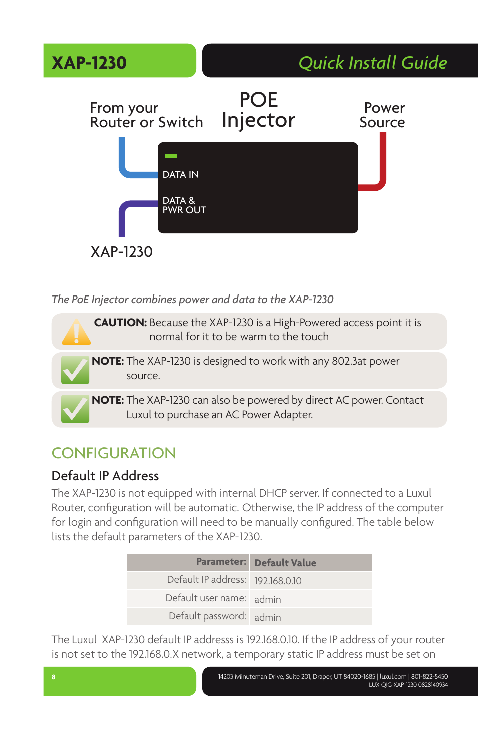 Poe injector, Quick install guide xap-1230, Configuration | Power source | Luxul XAP-1230 User Manual | Page 8 / 12