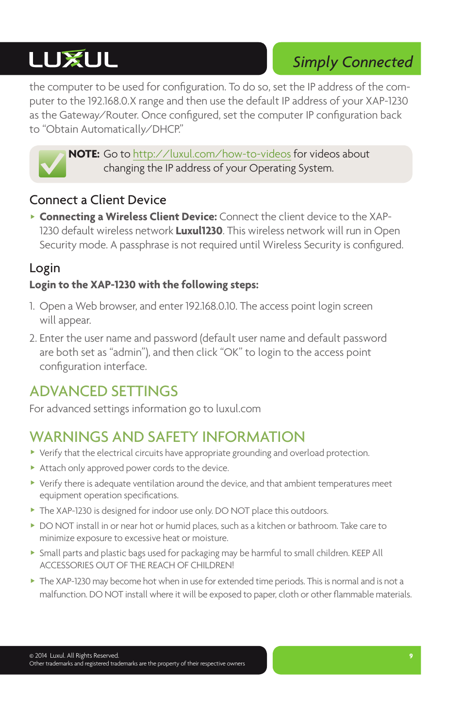 Simply connected, Advanced settings, Warnings and safety information | Connect a client device, Login | Luxul XAP-1230 User Manual | Page 9 / 12