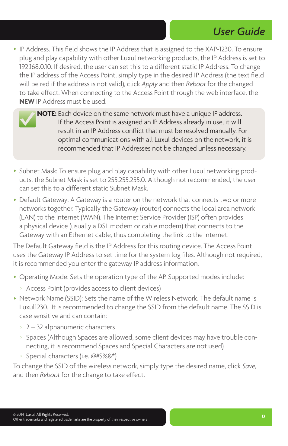 User guide, Access point (provides access to client devices), 2 – 32 alphanumeric characters | Luxul XAP-1230 User Manual | Page 13 / 28