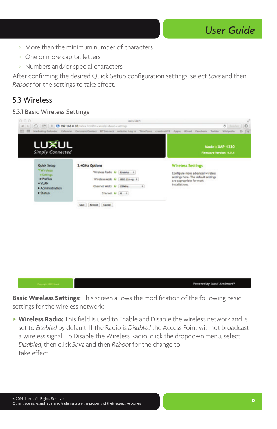 User guide, 3 wireless, More than the minimum number of characters | One or more capital letters, 1 basic wireless settings | Luxul XAP-1230 User Manual | Page 15 / 28