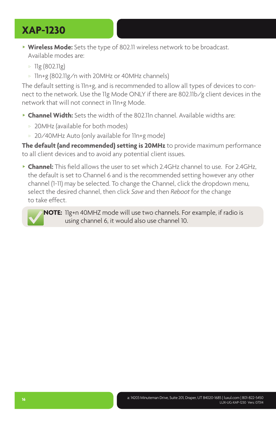 Xap-1230, 20mhz (available for both modes) | Luxul XAP-1230 User Manual | Page 16 / 28